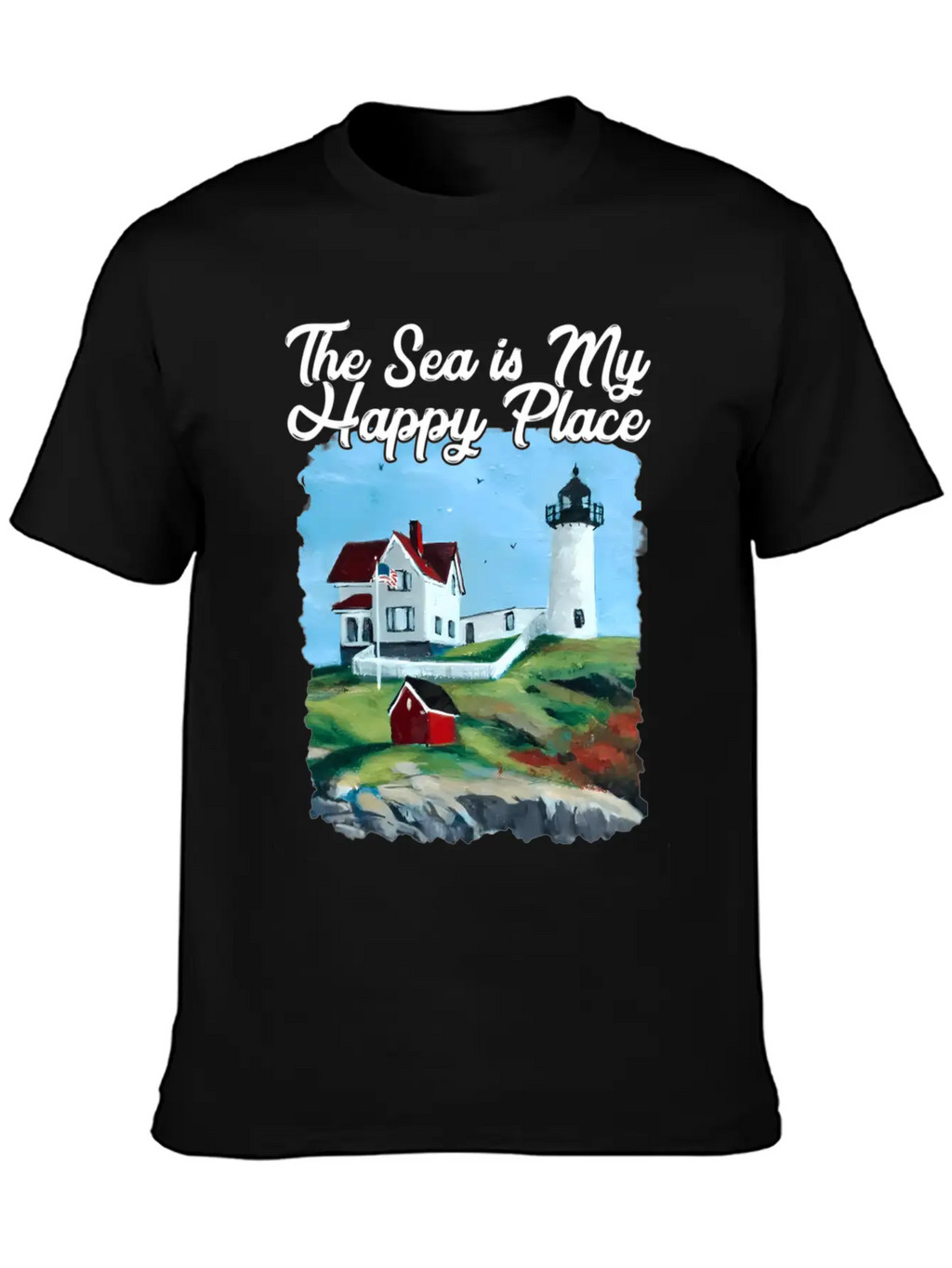 Nubble Lighthouse Maine Lighthouse Painting Summer Unisex Short Sleeve Soft Cotton T-Shirt – Casual Everyday Wear
