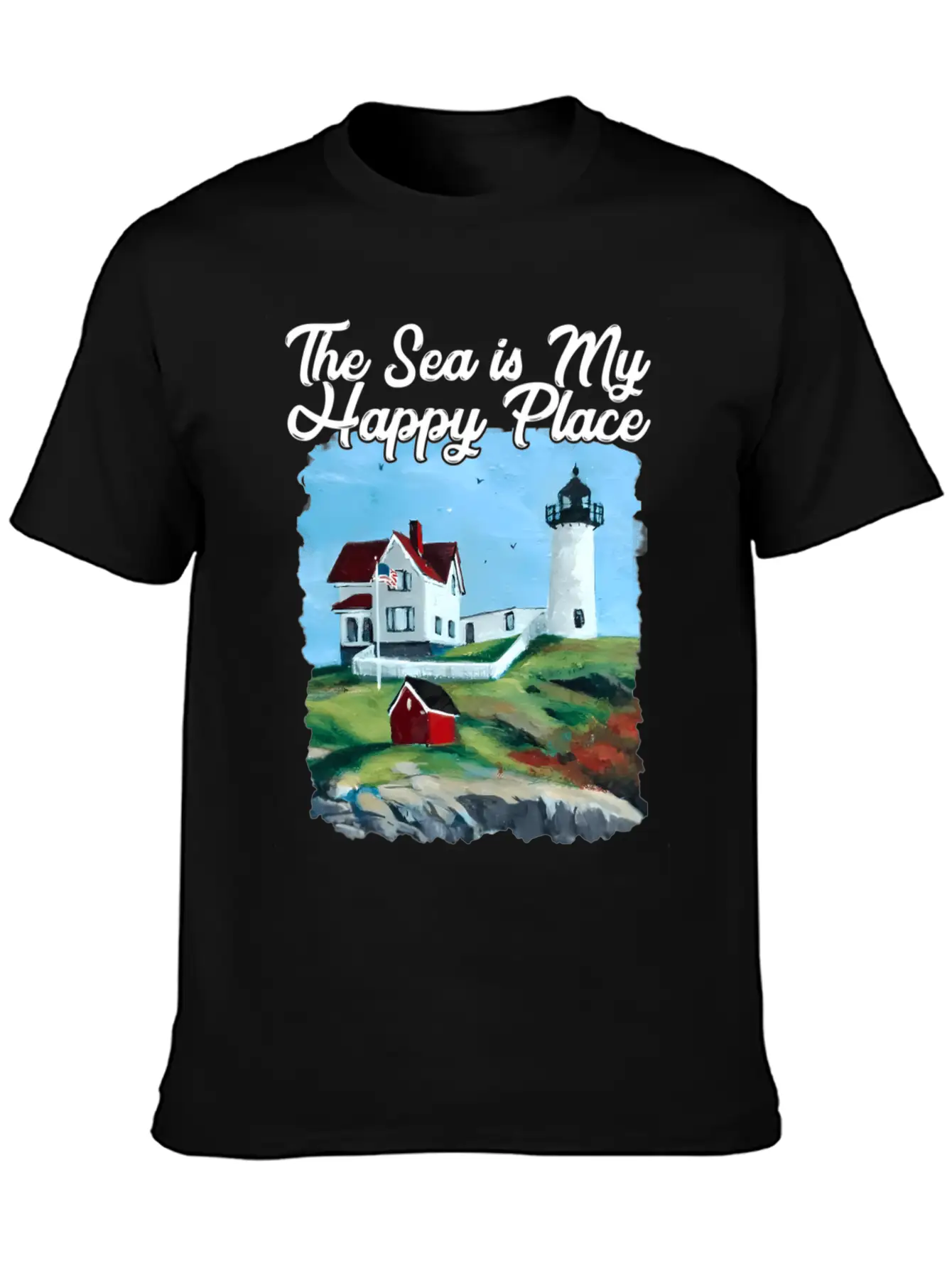 Nubble Lighthouse Maine Lighthouse Painting Summer Unisex Short Sleeve Soft Cotton T-Shirt – Casual Everyday Wear
