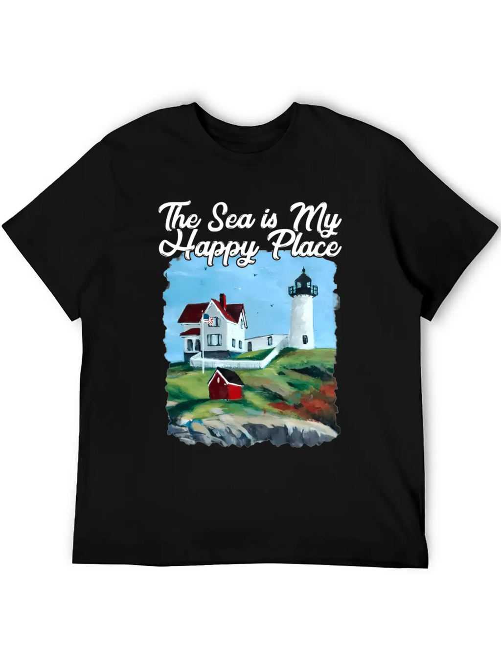 Nubble Lighthouse Maine Lighthouse Painting Summer Unisex Short Sleeve Soft Cotton T-Shirt – Casual Everyday Wear