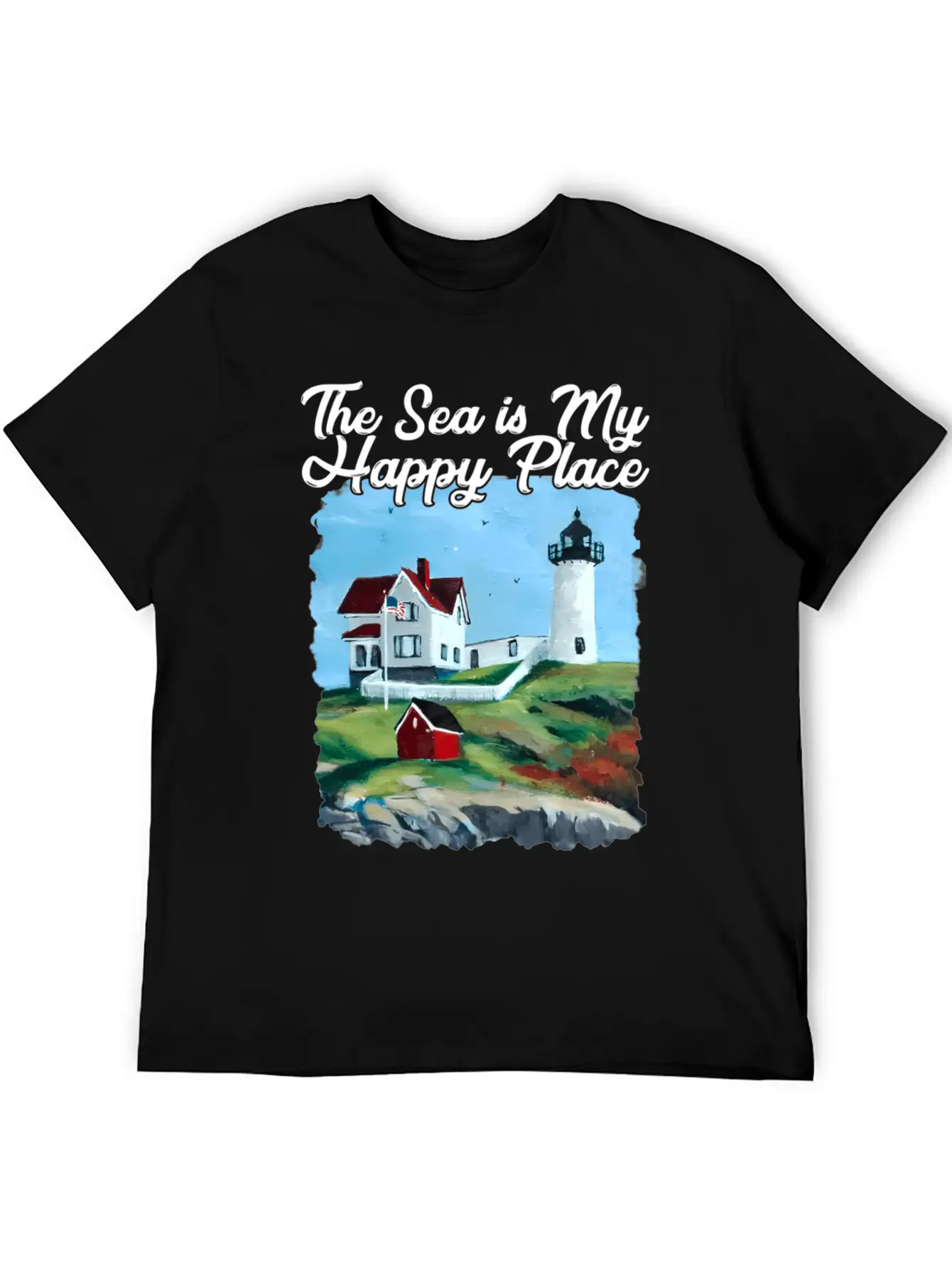 Nubble Lighthouse Maine Lighthouse Painting Summer Unisex Short Sleeve Soft Cotton T-Shirt – Casual Everyday Wear