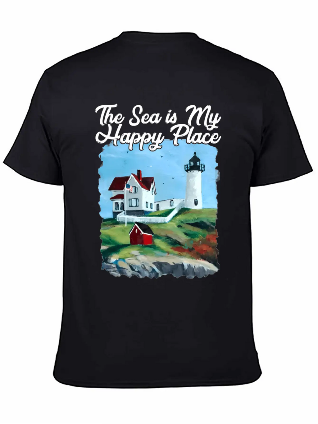 Nubble Lighthouse Maine Lighthouse Painting Summer Unisex Short Sleeve Soft Cotton T-Shirt – Casual Everyday Wear