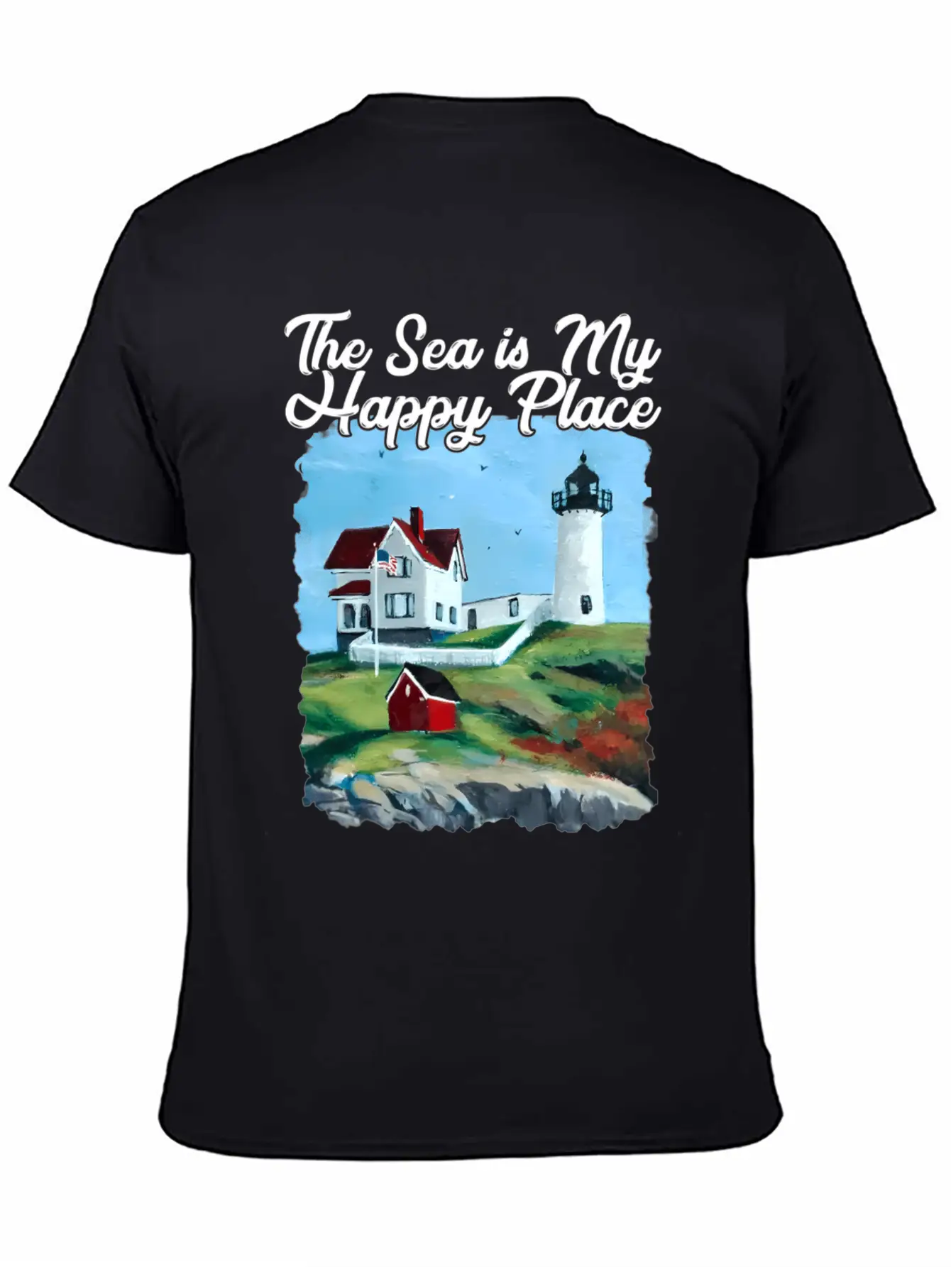 Nubble Lighthouse Maine Lighthouse Painting Summer Unisex Short Sleeve Soft Cotton T-Shirt – Casual Everyday Wear
