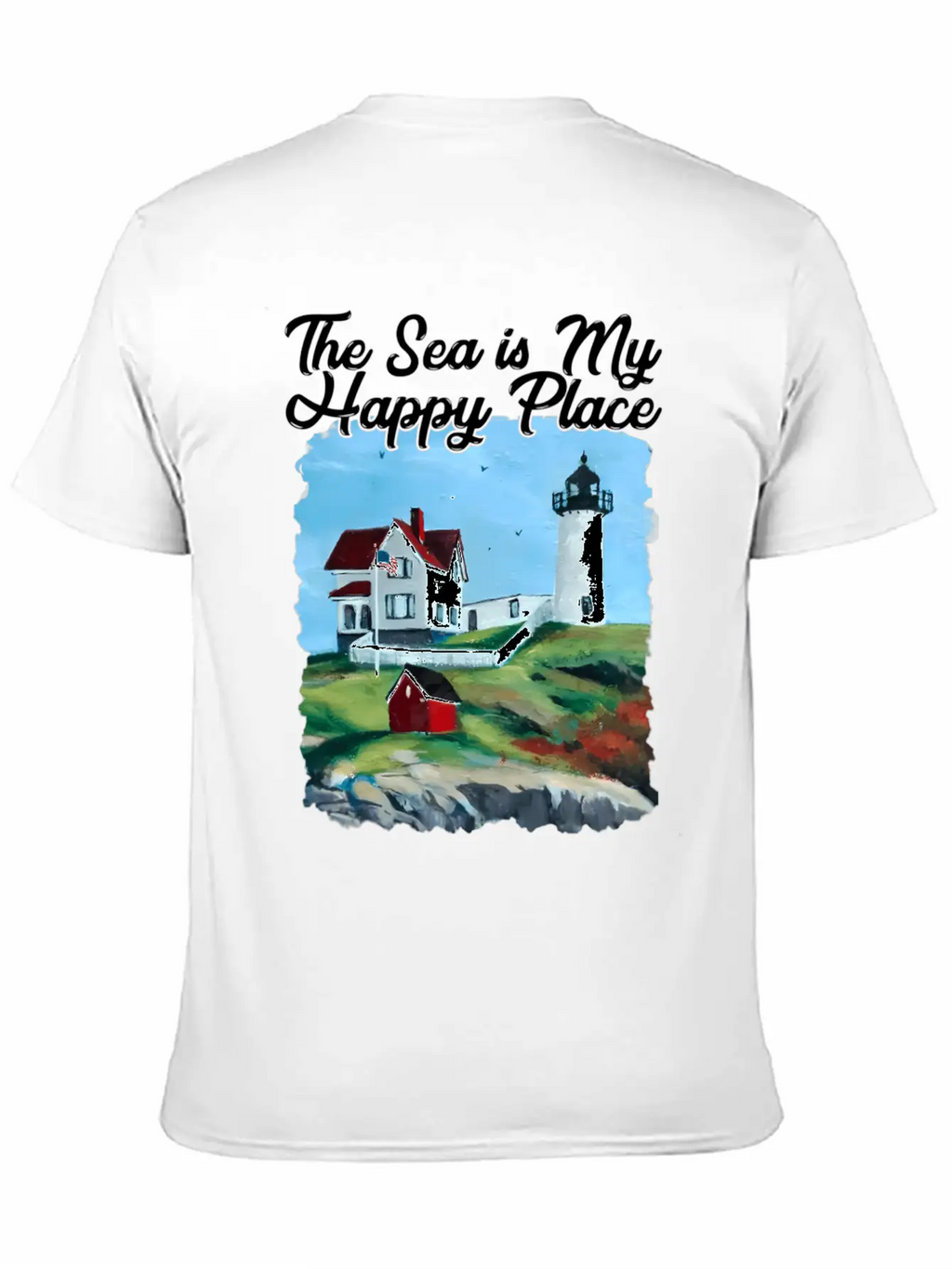 Nubble Lighthouse Maine Lighthouse Painting Summer Unisex Short Sleeve Soft Cotton T-Shirt – Casual Everyday Wear