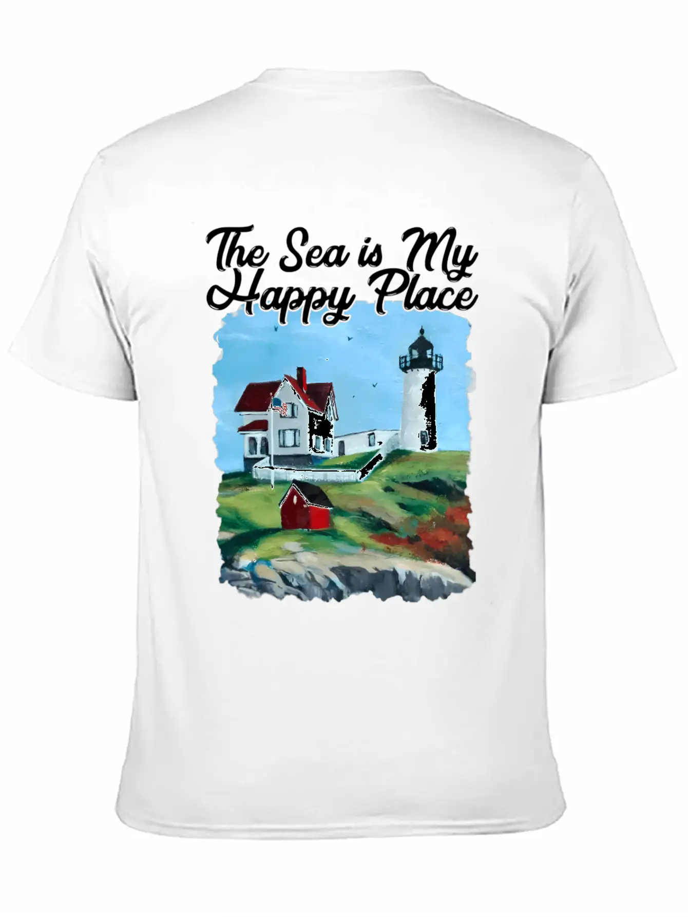 Nubble Lighthouse Maine Lighthouse Painting Summer Unisex Short Sleeve Soft Cotton T-Shirt – Casual Everyday Wear