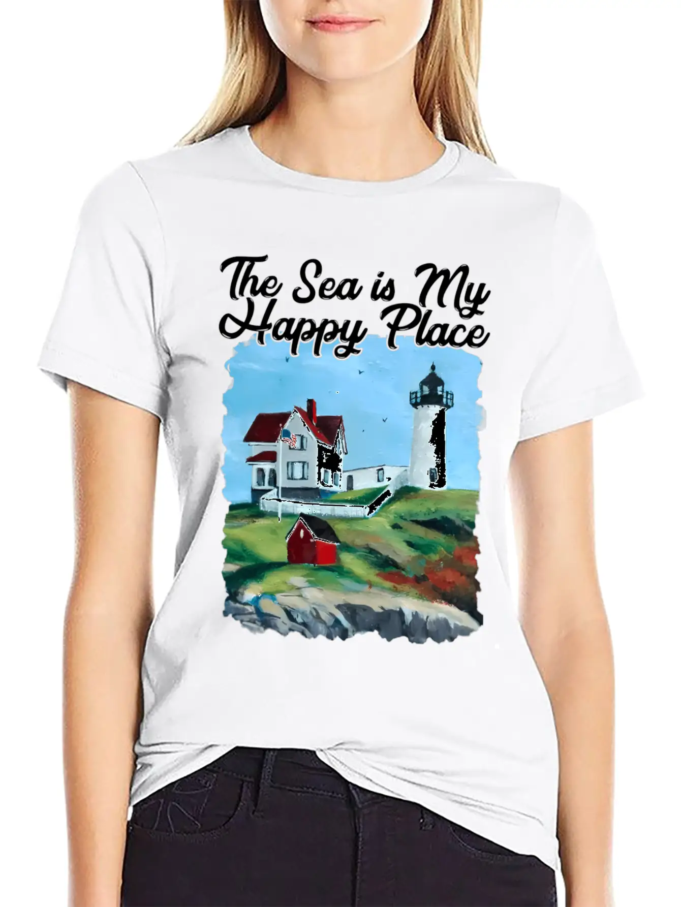 Nubble Lighthouse Maine Lighthouse Painting Summer Unisex Short Sleeve Soft Cotton T-Shirt – Casual Everyday Wear