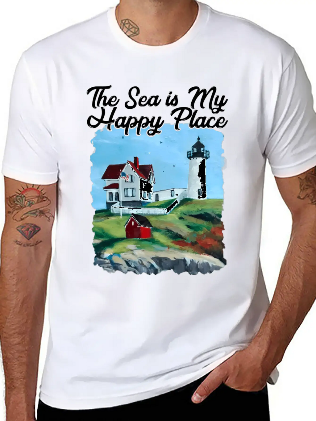 Nubble Lighthouse Maine Lighthouse Painting Summer Unisex Short Sleeve Soft Cotton T-Shirt – Casual Everyday Wear