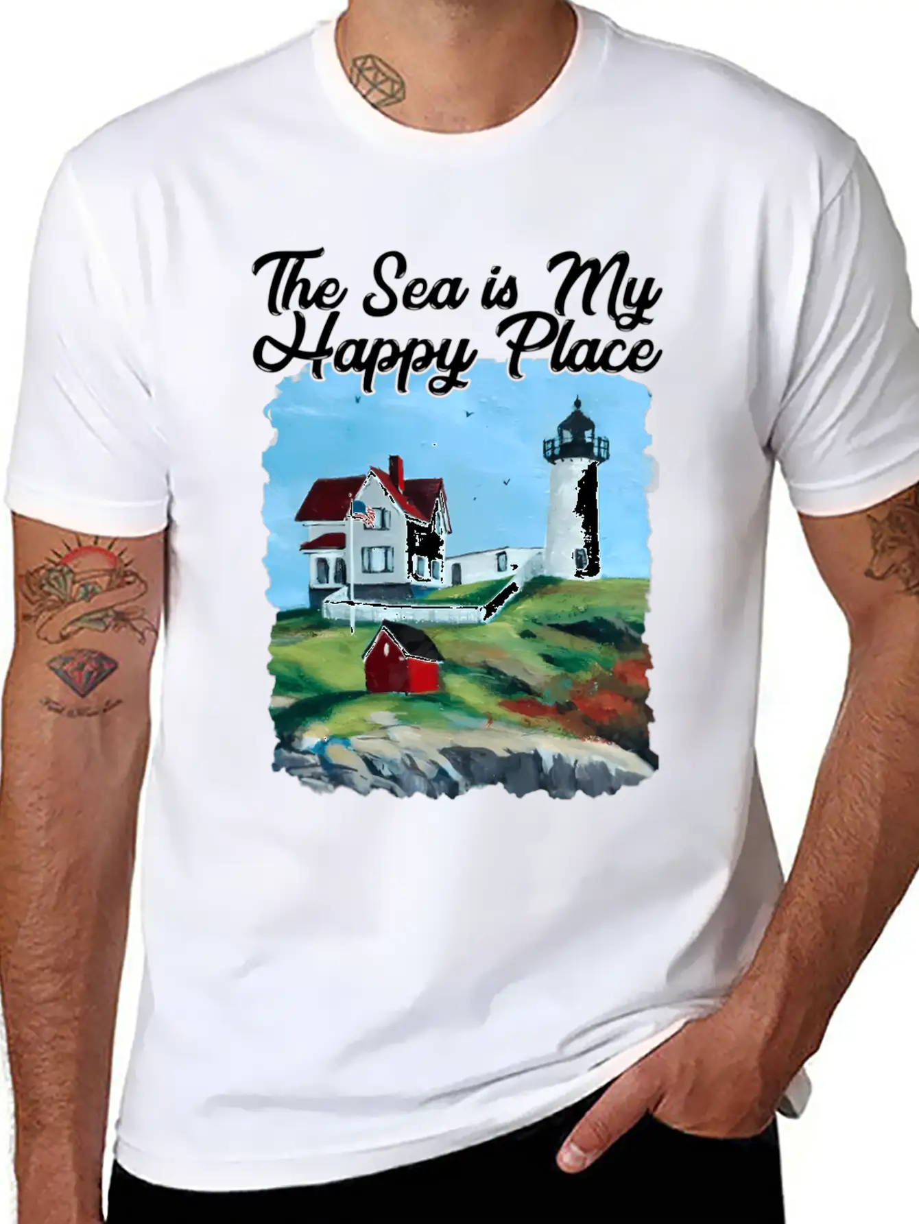 Nubble Lighthouse Maine Lighthouse Painting Summer Unisex Short Sleeve Soft Cotton T-Shirt – Casual Everyday Wear
