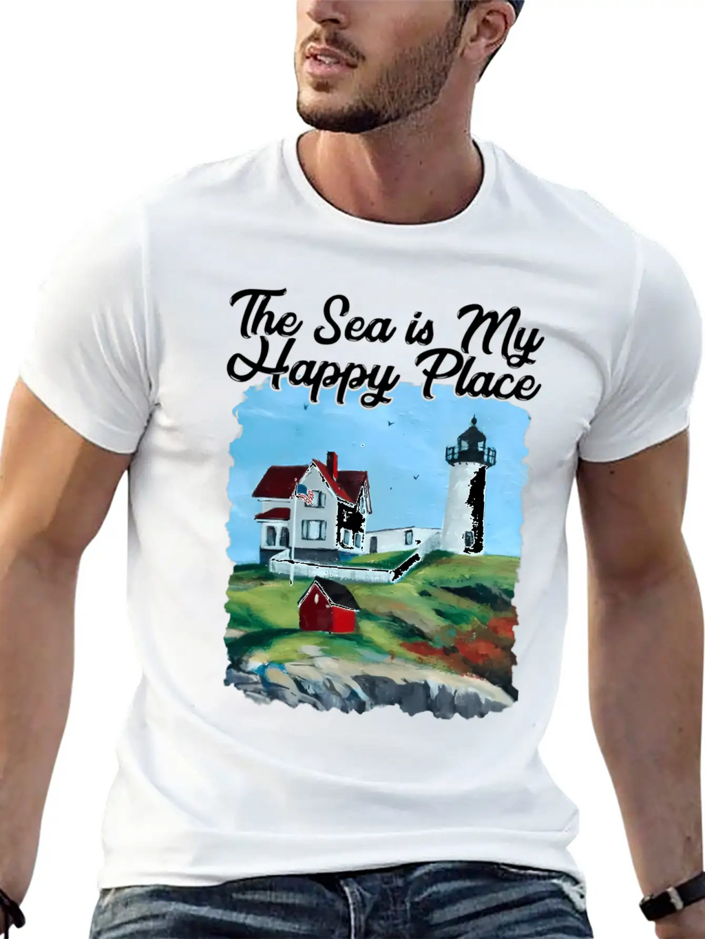 Nubble Lighthouse Maine Lighthouse Painting Summer Unisex Short Sleeve Soft Cotton T-Shirt – Casual Everyday Wear