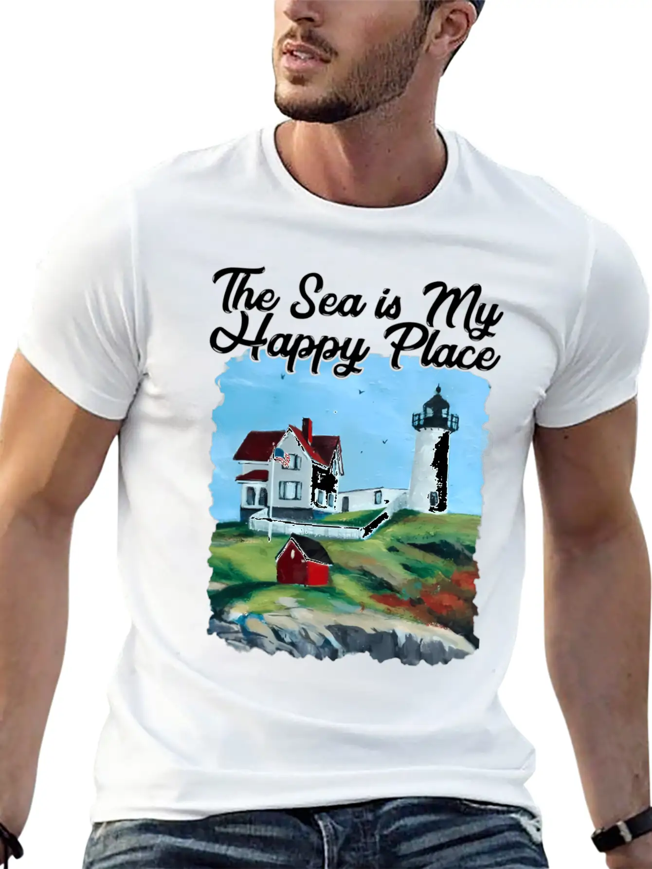Nubble Lighthouse Maine Lighthouse Painting Summer Unisex Short Sleeve Soft Cotton T-Shirt – Casual Everyday Wear