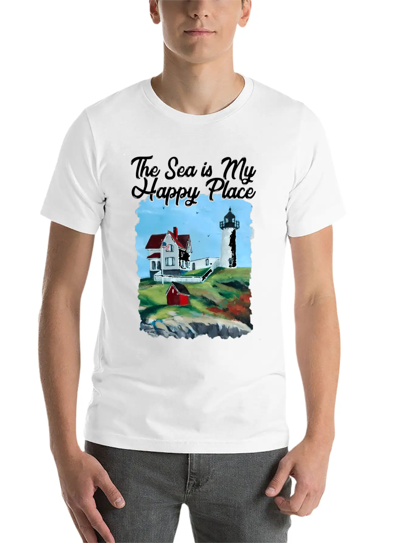 Nubble Lighthouse Maine Lighthouse Painting Summer Unisex Short Sleeve Soft Cotton T-Shirt – Casual Everyday Wear