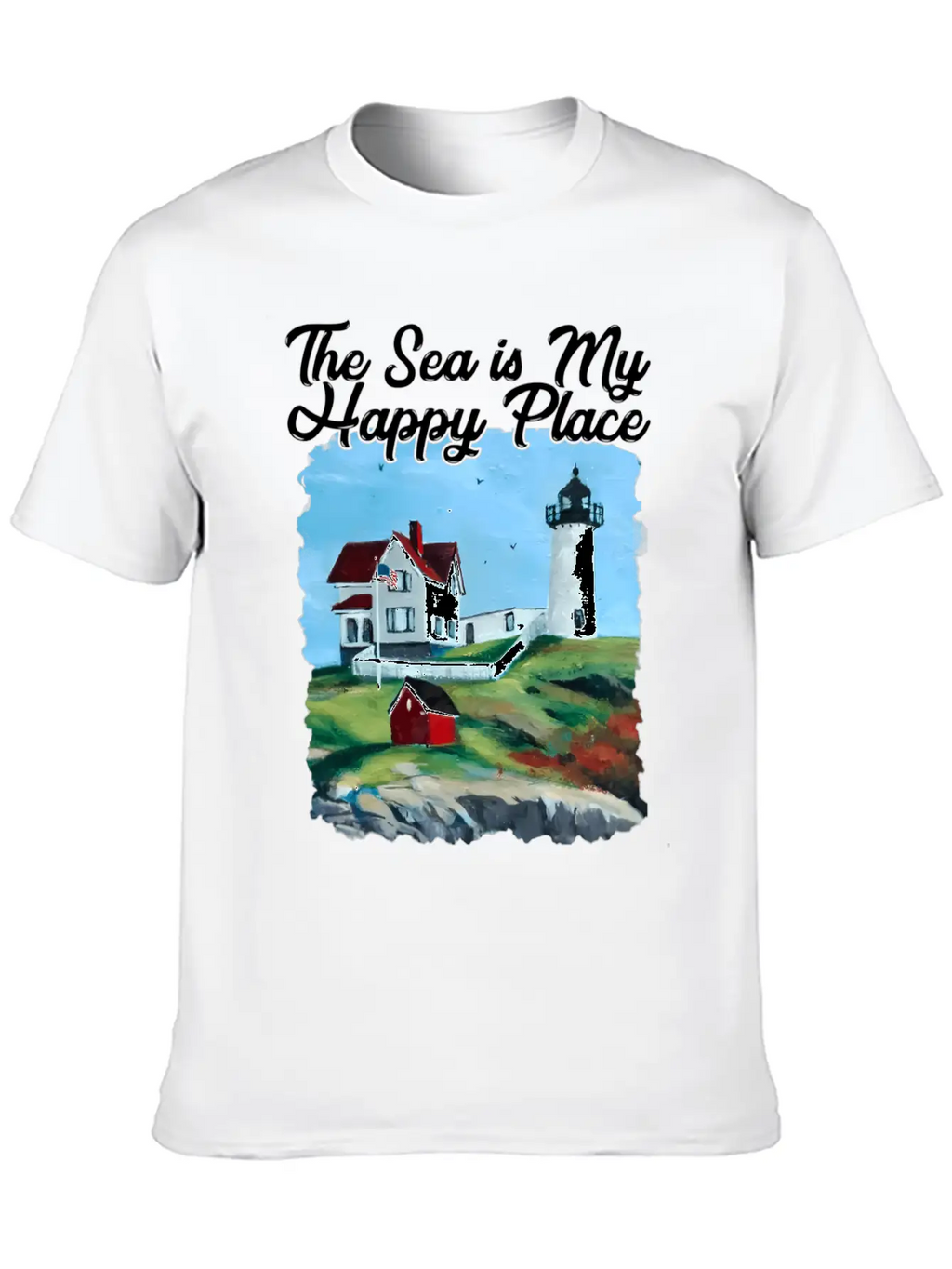 Nubble Lighthouse Maine Lighthouse Painting Summer Unisex Short Sleeve Soft Cotton T-Shirt – Casual Everyday Wear