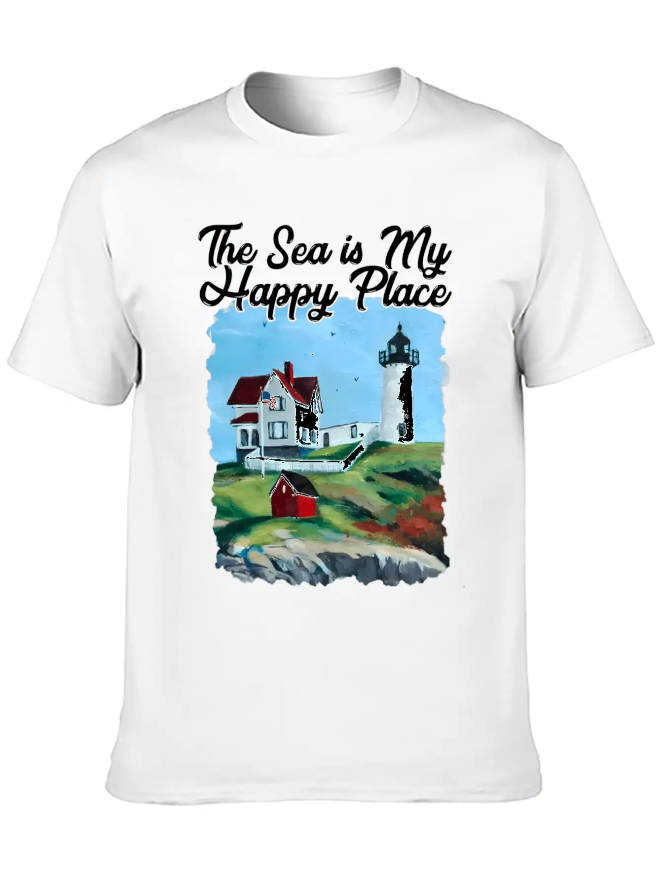 Nubble Lighthouse Maine Lighthouse Painting Summer Unisex Short Sleeve Soft Cotton T-Shirt – Casual Everyday Wear