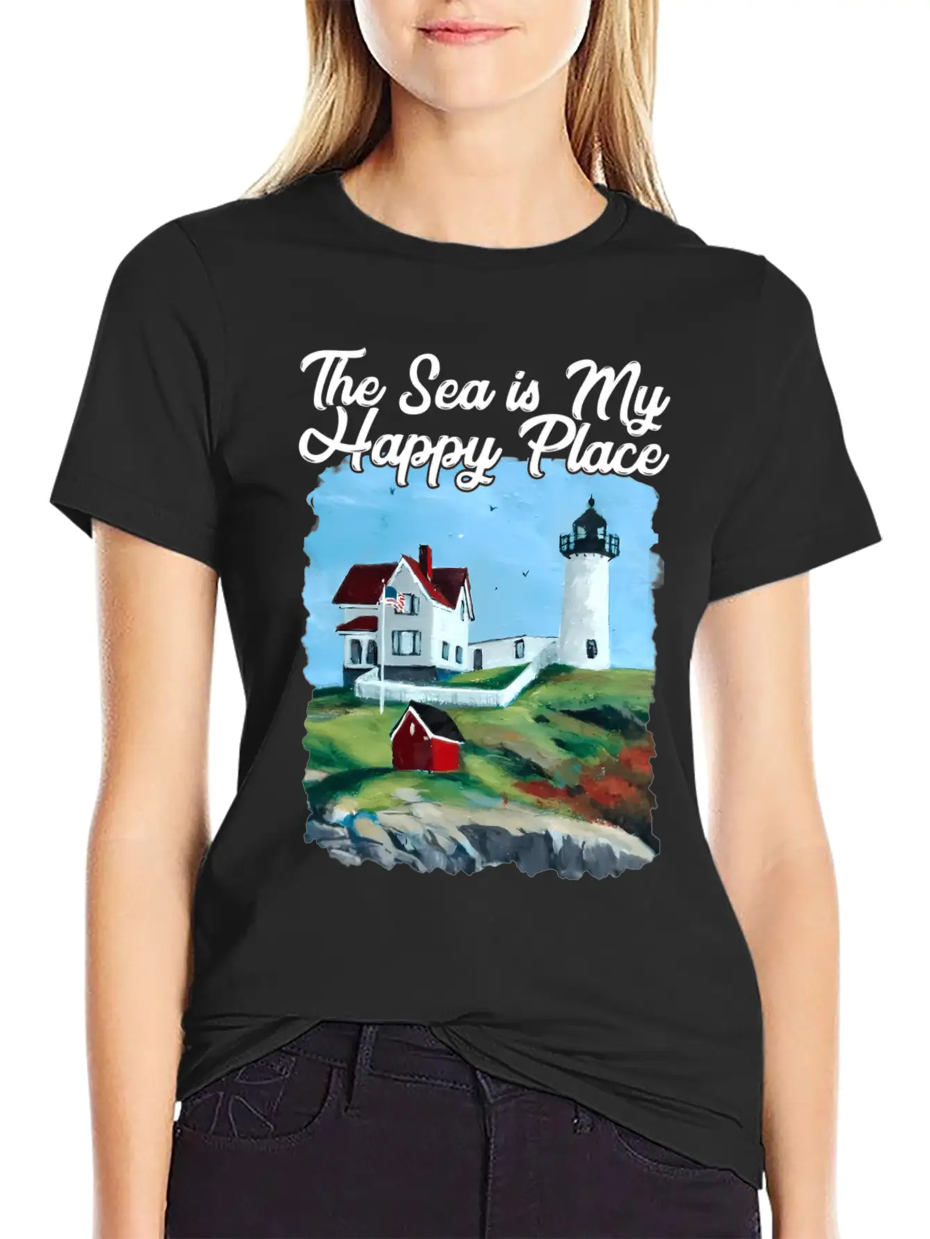 Nubble Lighthouse Maine Lighthouse Painting Summer Unisex Short Sleeve Soft Cotton T-Shirt – Casual Everyday Wear