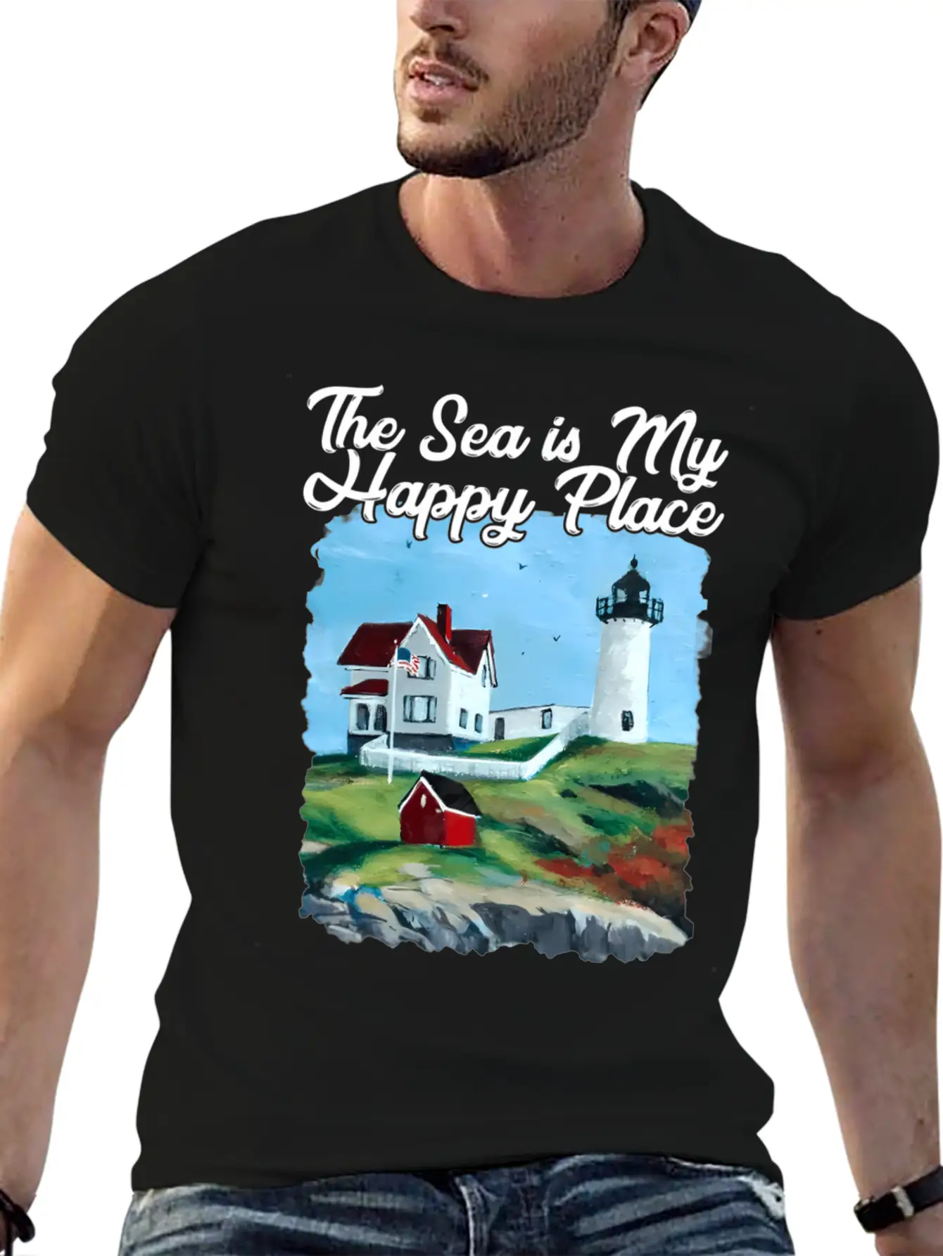Nubble Lighthouse Maine Lighthouse Painting Summer Unisex Short Sleeve Soft Cotton T-Shirt – Casual Everyday Wear
