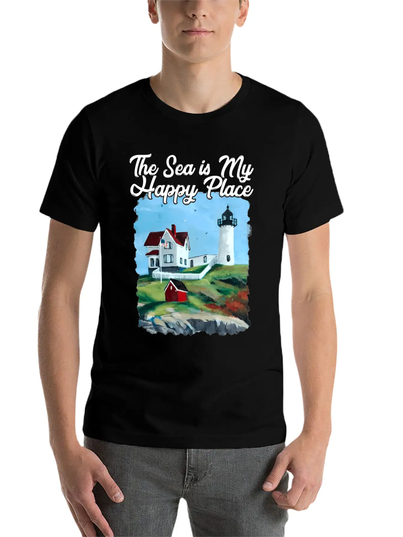 Nubble Lighthouse Maine Lighthouse Painting Summer Unisex Short Sleeve Soft Cotton T-Shirt – Casual Everyday Wear
