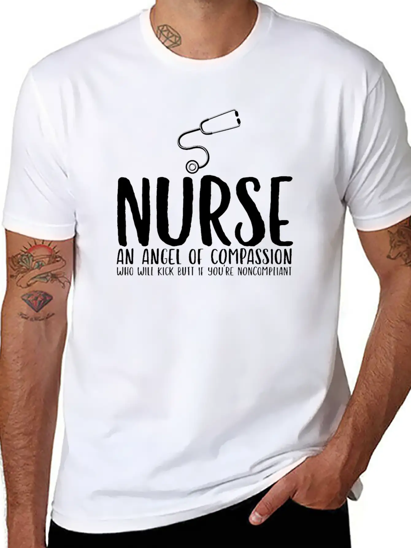 Nurse An Angel Who Kicks Butt Casual Graphic T-Shirt – Simple And Comfortable Daily Wear