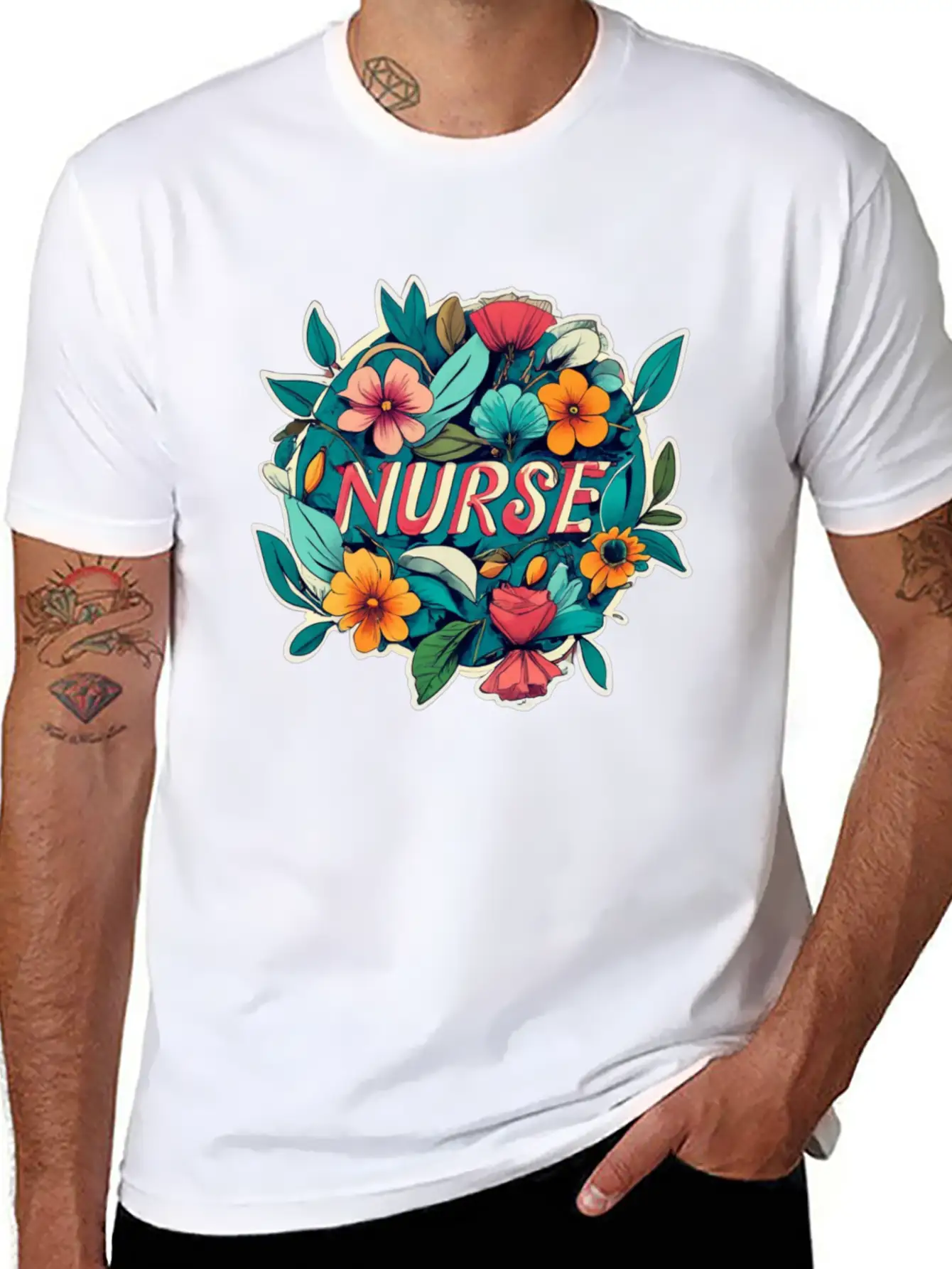 Nurse Nurses Flower Flowers Essential Cotton Tee For Daily Outfits – Unisex Style