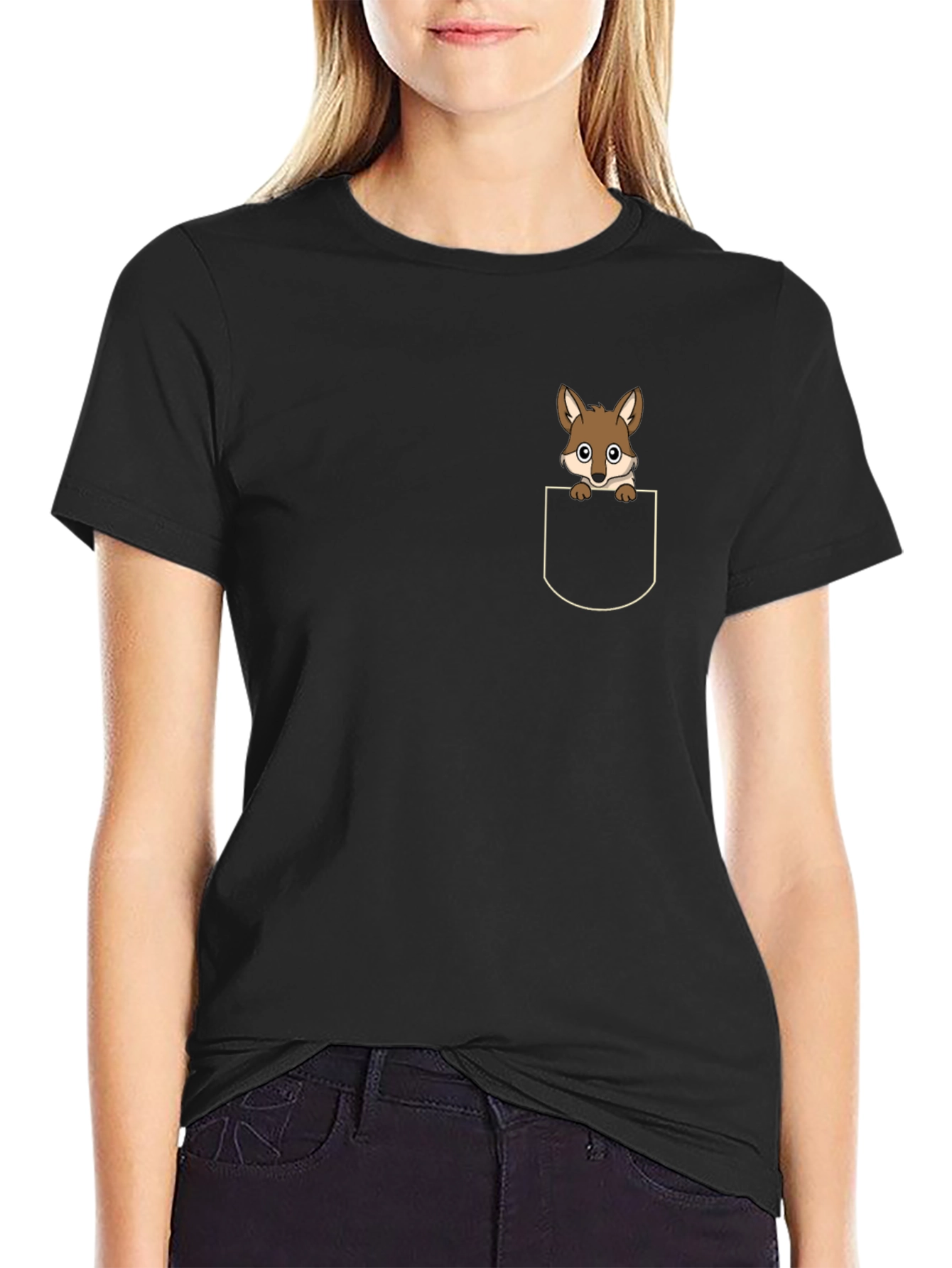 Cute Pocket Fox T-Shirt - Black