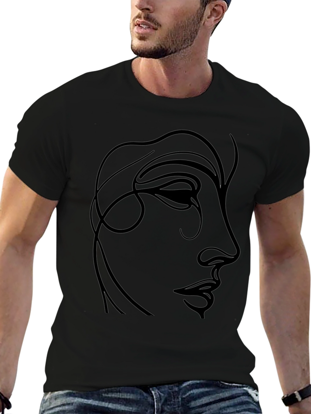 Minimalist Face Line Art Black T-Shirt