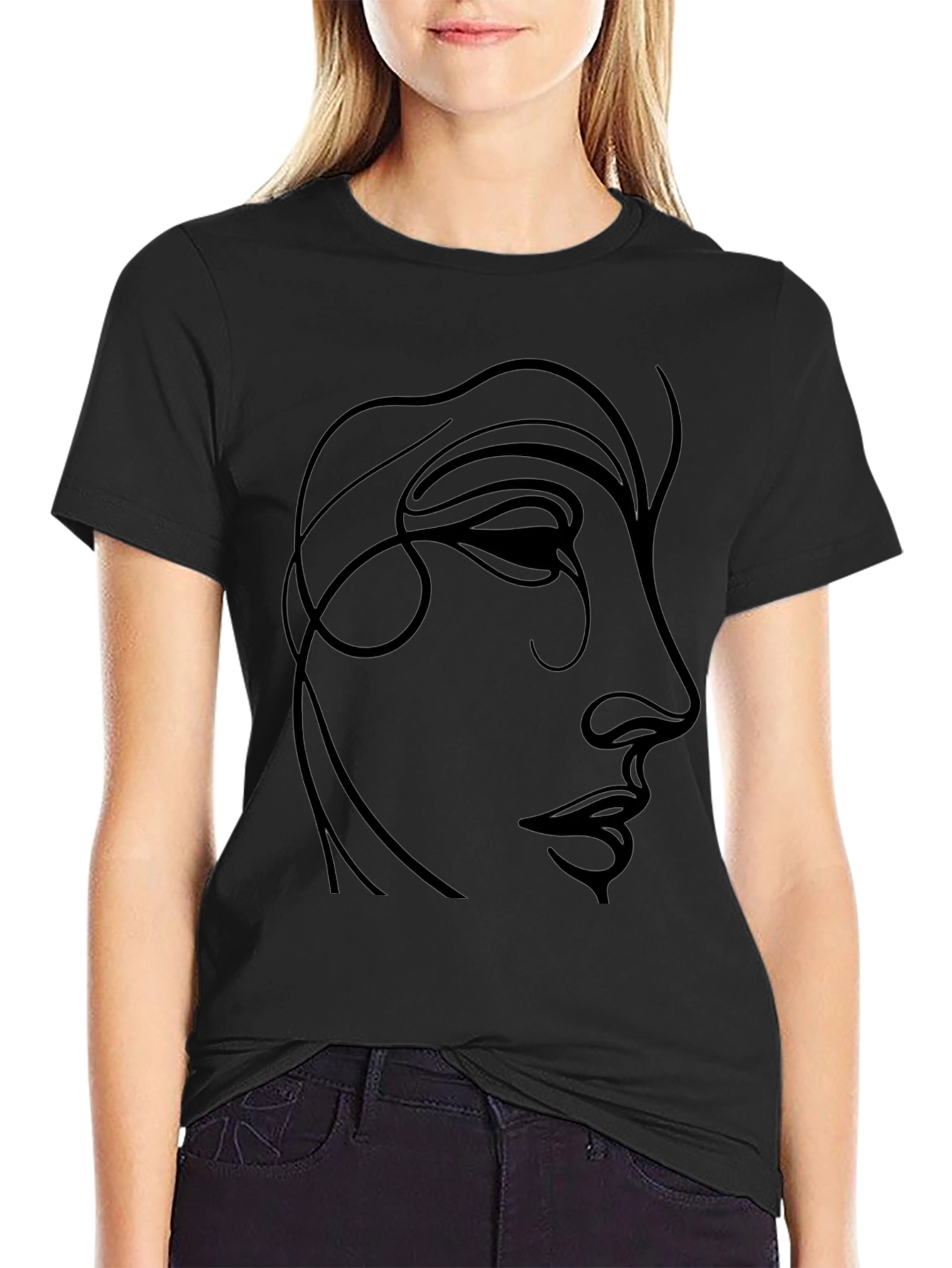 Minimalist Face Line Art Black T-Shirt