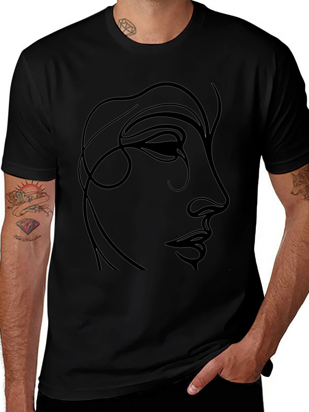 Minimalist Face Line Art Black T-Shirt