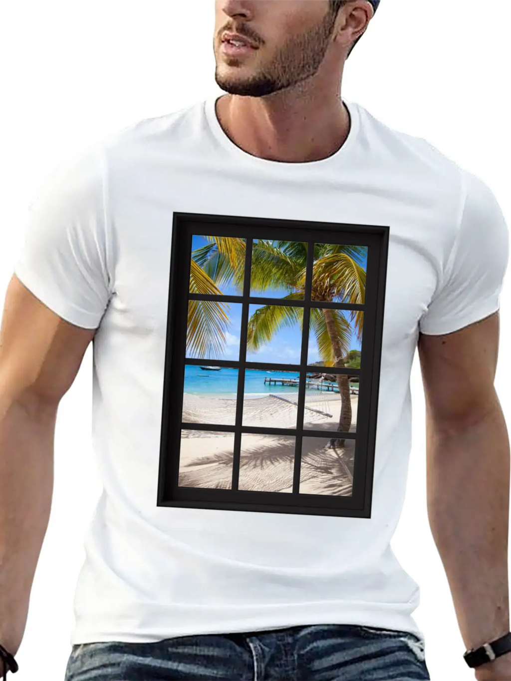 Ocean Breeze Mind At Ease Ocean Beach Window Print 13 Unisex Short Sleeve Soft Cotton T-Shirt – Casual Everyday Wear
