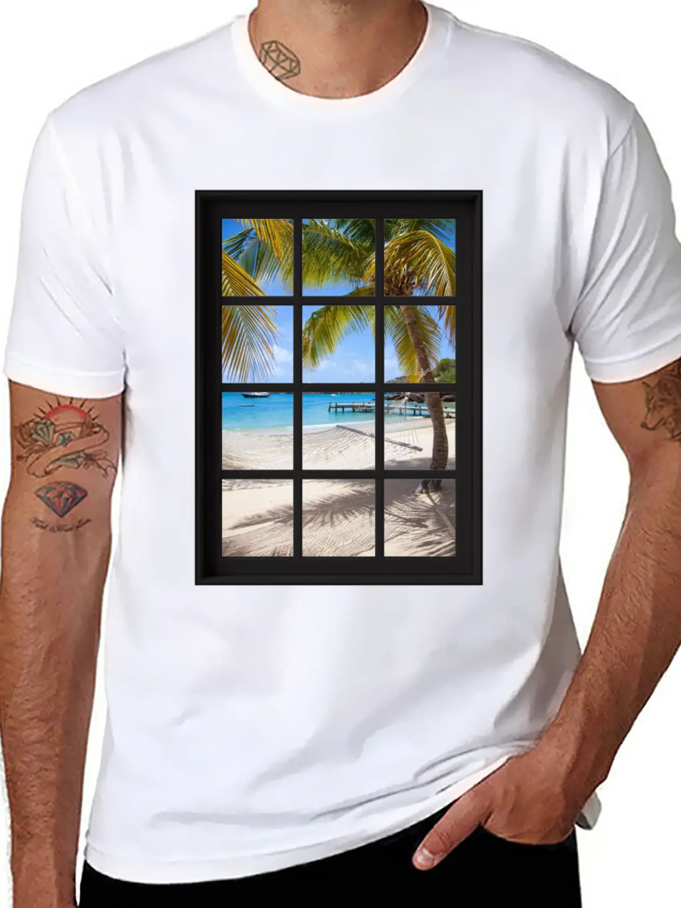 Ocean Breeze Mind At Ease Ocean Beach Window Print 13 Unisex Short Sleeve Soft Cotton T-Shirt – Casual Everyday Wear