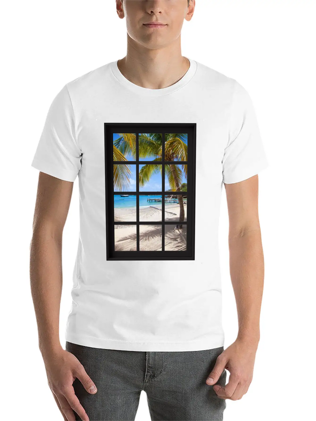 Ocean Breeze Mind At Ease Ocean Beach Window Print 13 Unisex Short Sleeve Soft Cotton T-Shirt – Casual Everyday Wear