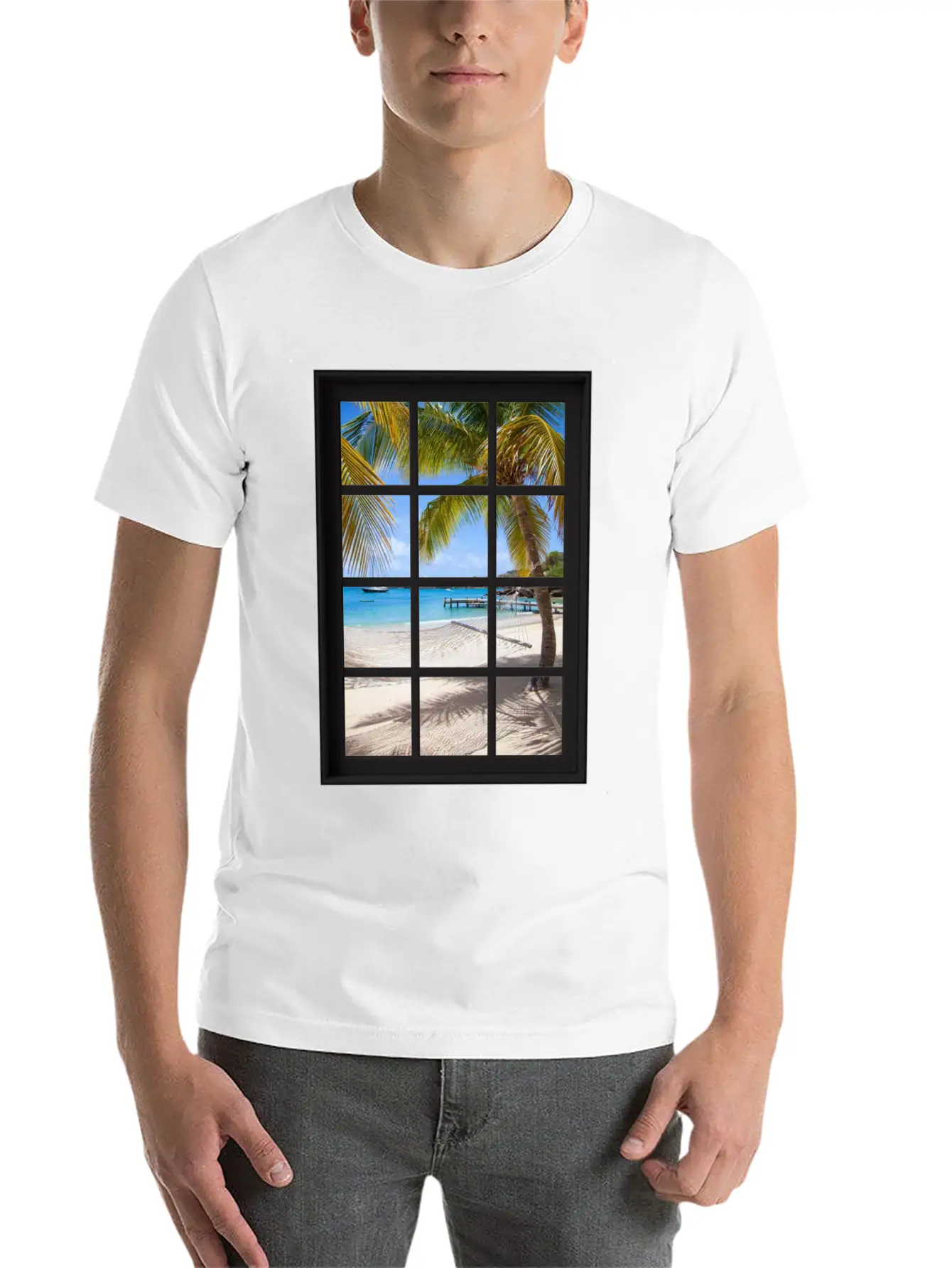 Ocean Breeze Mind At Ease Ocean Beach Window Print 13 Unisex Short Sleeve Soft Cotton T-Shirt – Casual Everyday Wear