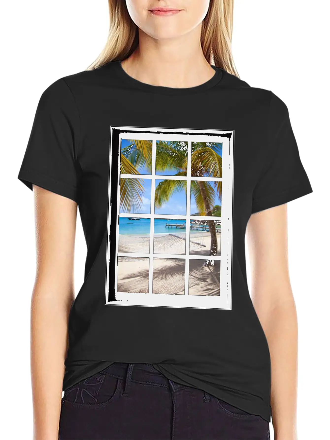 Ocean Breeze Mind At Ease Ocean Beach Window Print 13 Unisex Short Sleeve Soft Cotton T-Shirt – Casual Everyday Wear