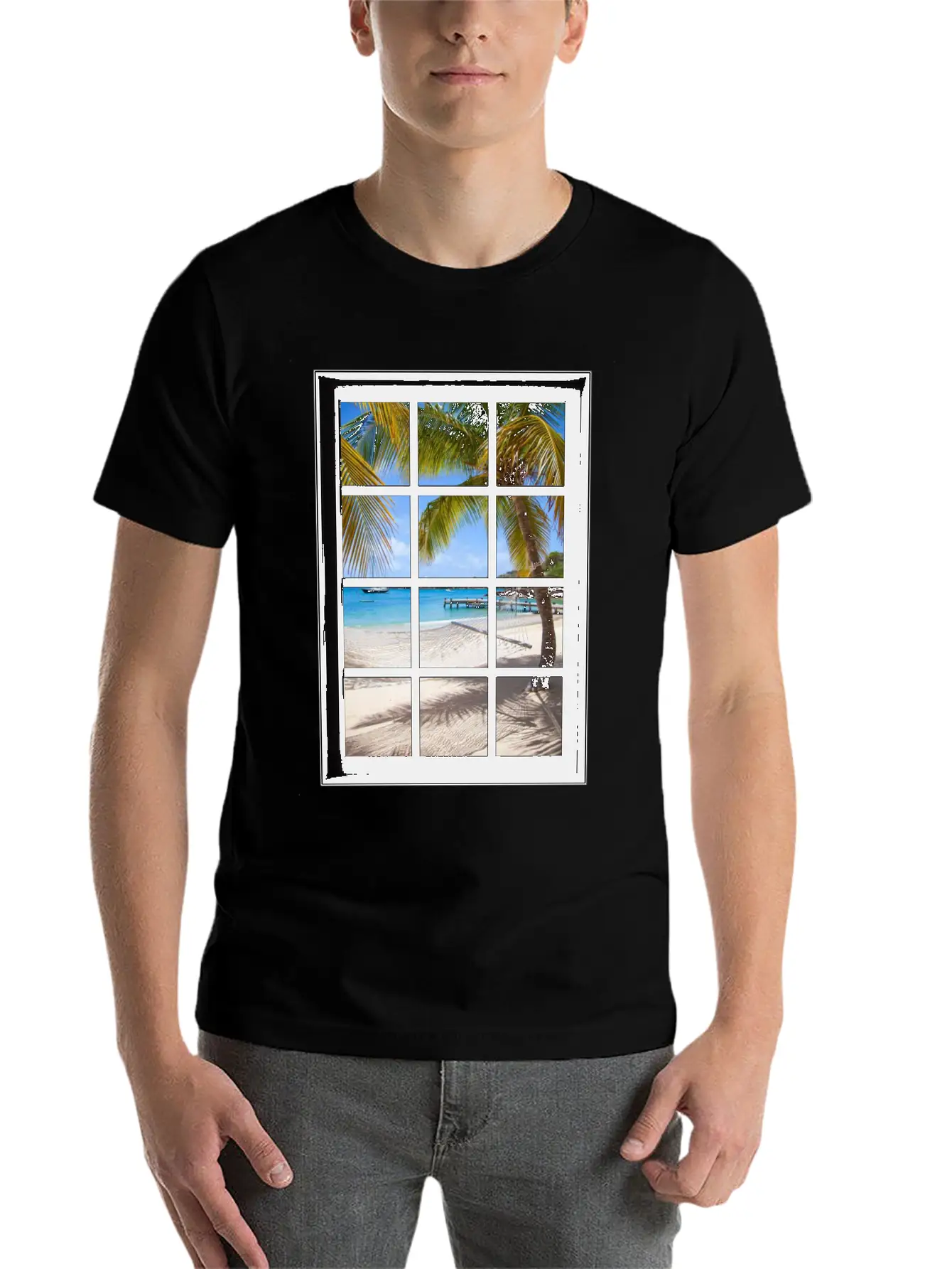 Ocean Breeze Mind At Ease Ocean Beach Window Print 13 Unisex Short Sleeve Soft Cotton T-Shirt – Casual Everyday Wear