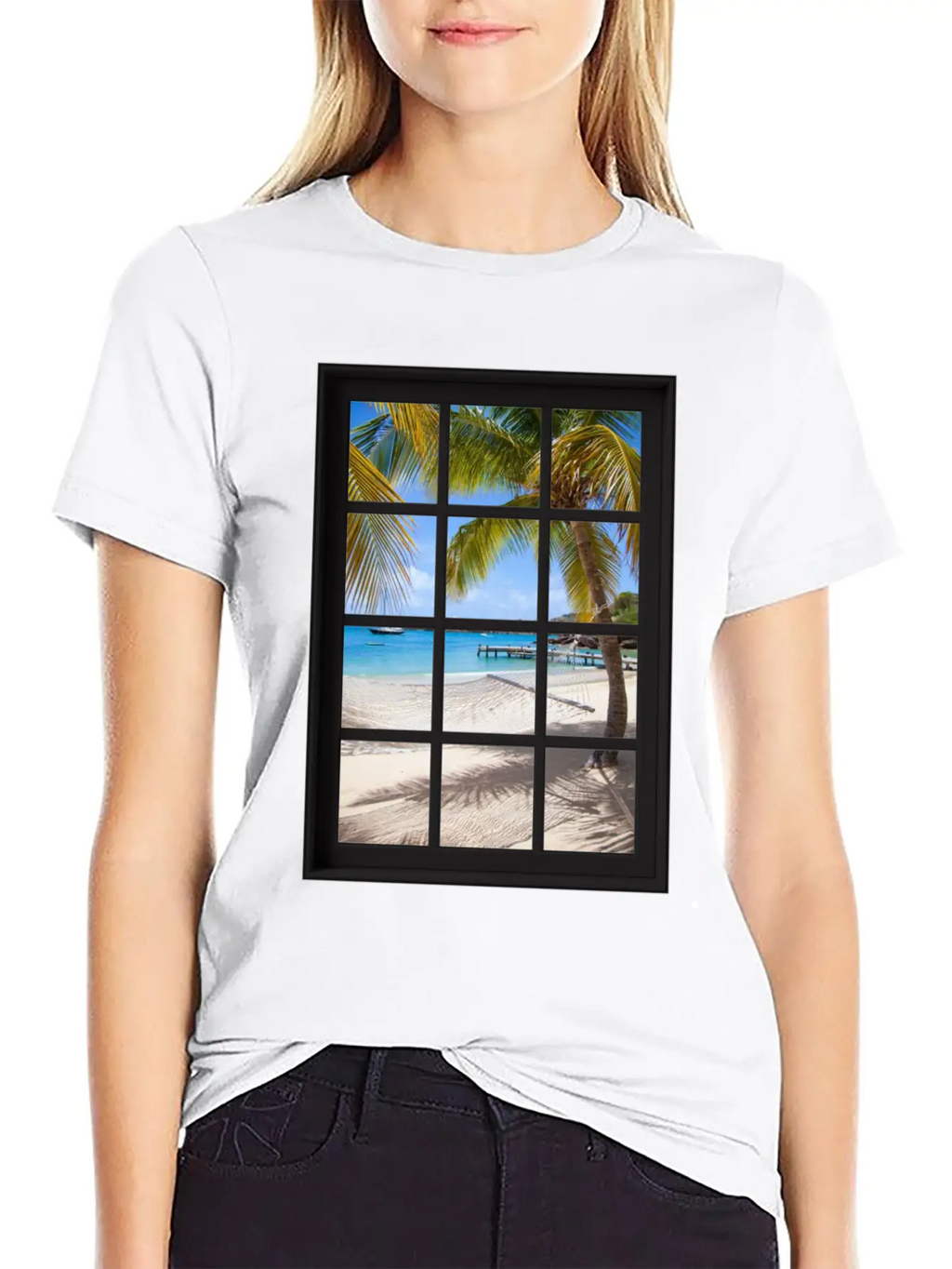 Ocean Breeze Mind At Ease Ocean Beach Window Print 13 Unisex Short Sleeve Soft Cotton T-Shirt – Casual Everyday Wear