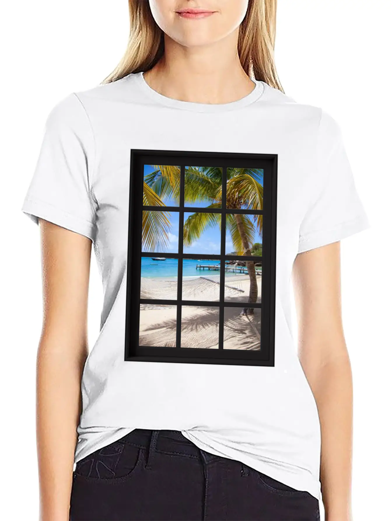 Ocean Breeze Mind At Ease Ocean Beach Window Print 13 Unisex Short Sleeve Soft Cotton T-Shirt – Casual Everyday Wear