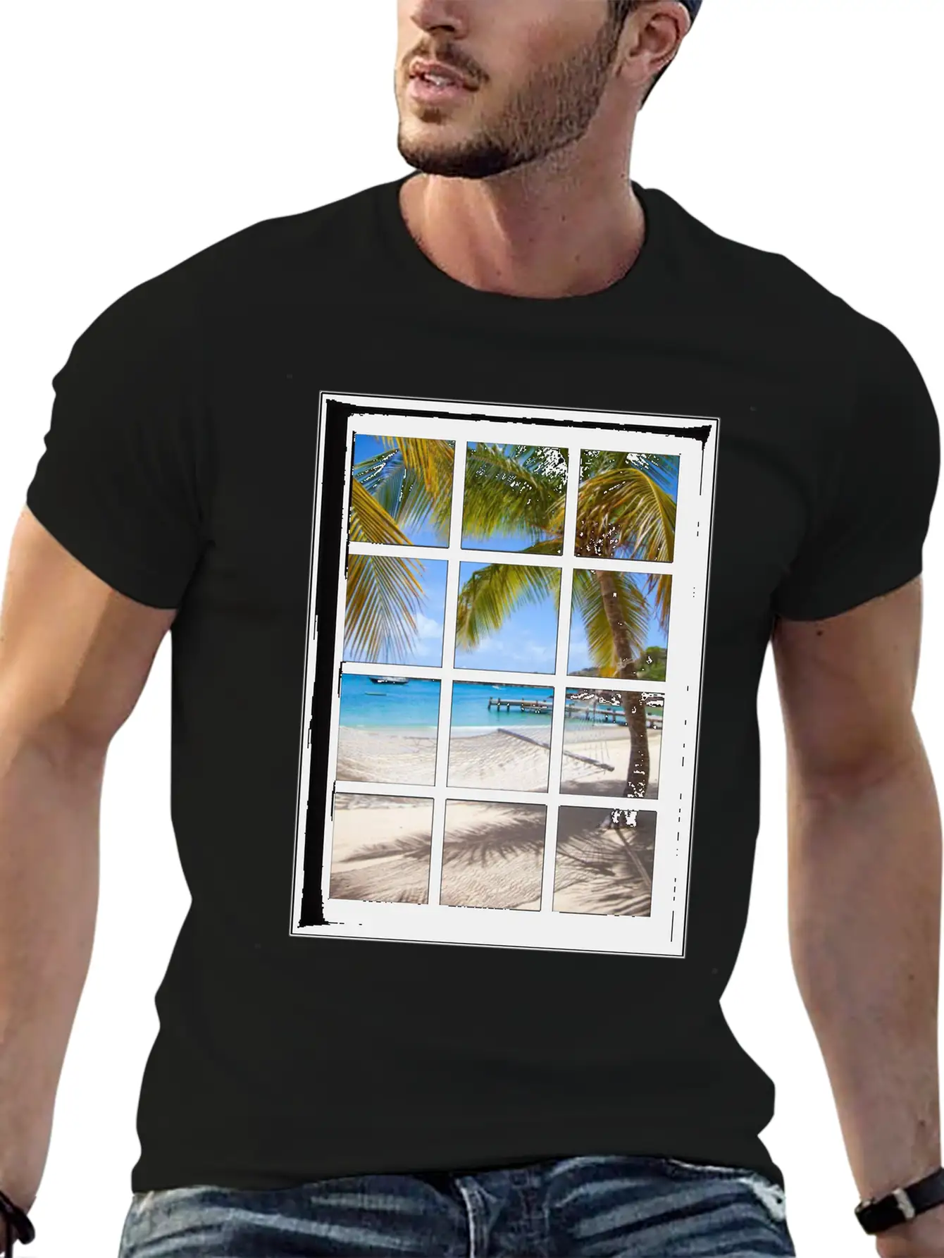 Ocean Breeze Mind At Ease Ocean Beach Window Print 13 Unisex Short Sleeve Soft Cotton T-Shirt – Casual Everyday Wear