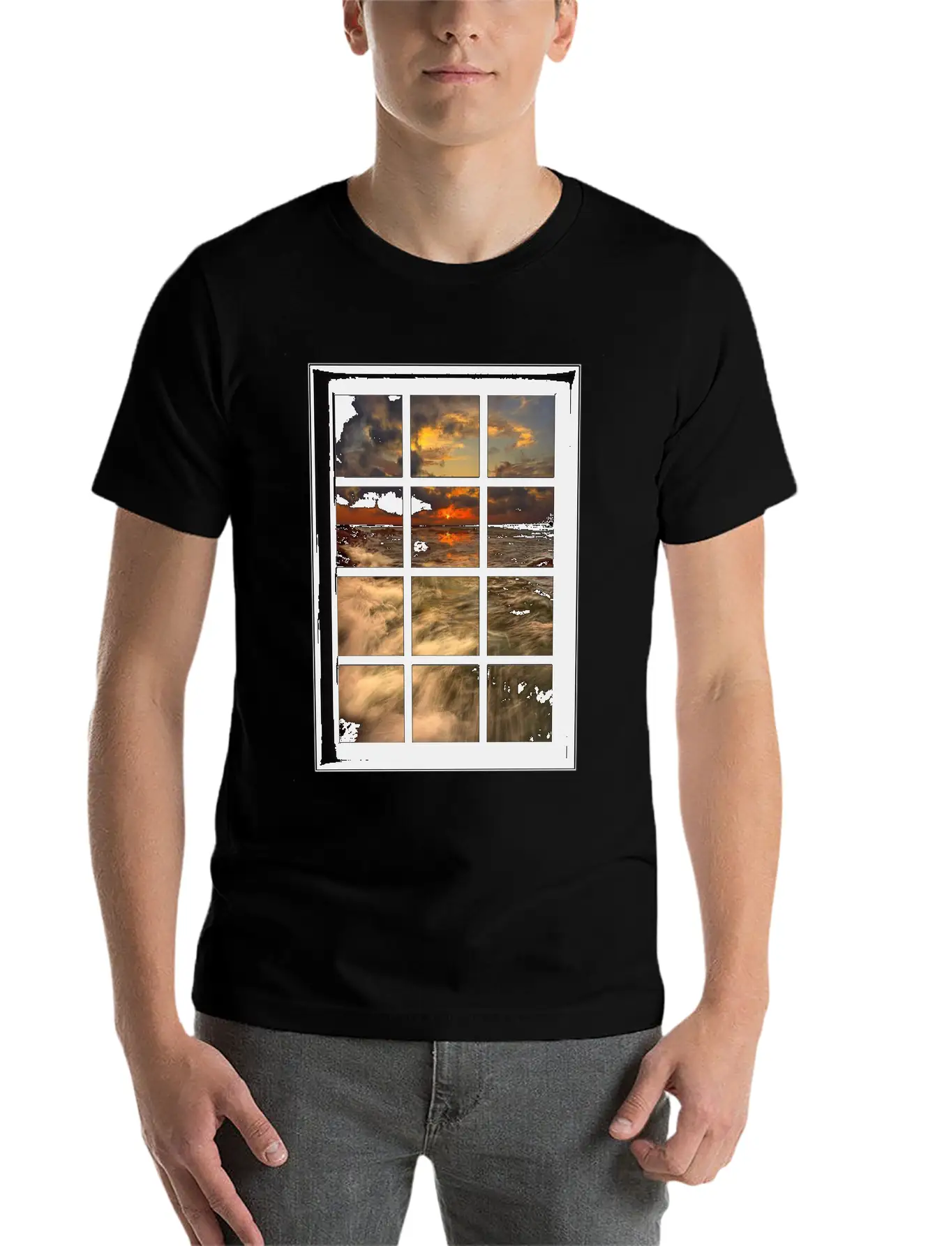 Ocean Breeze Mind At Ease Ocean Beach Window Print 19 Stylish Everyday T-Shirt – Unisex Basic Cotton Tee