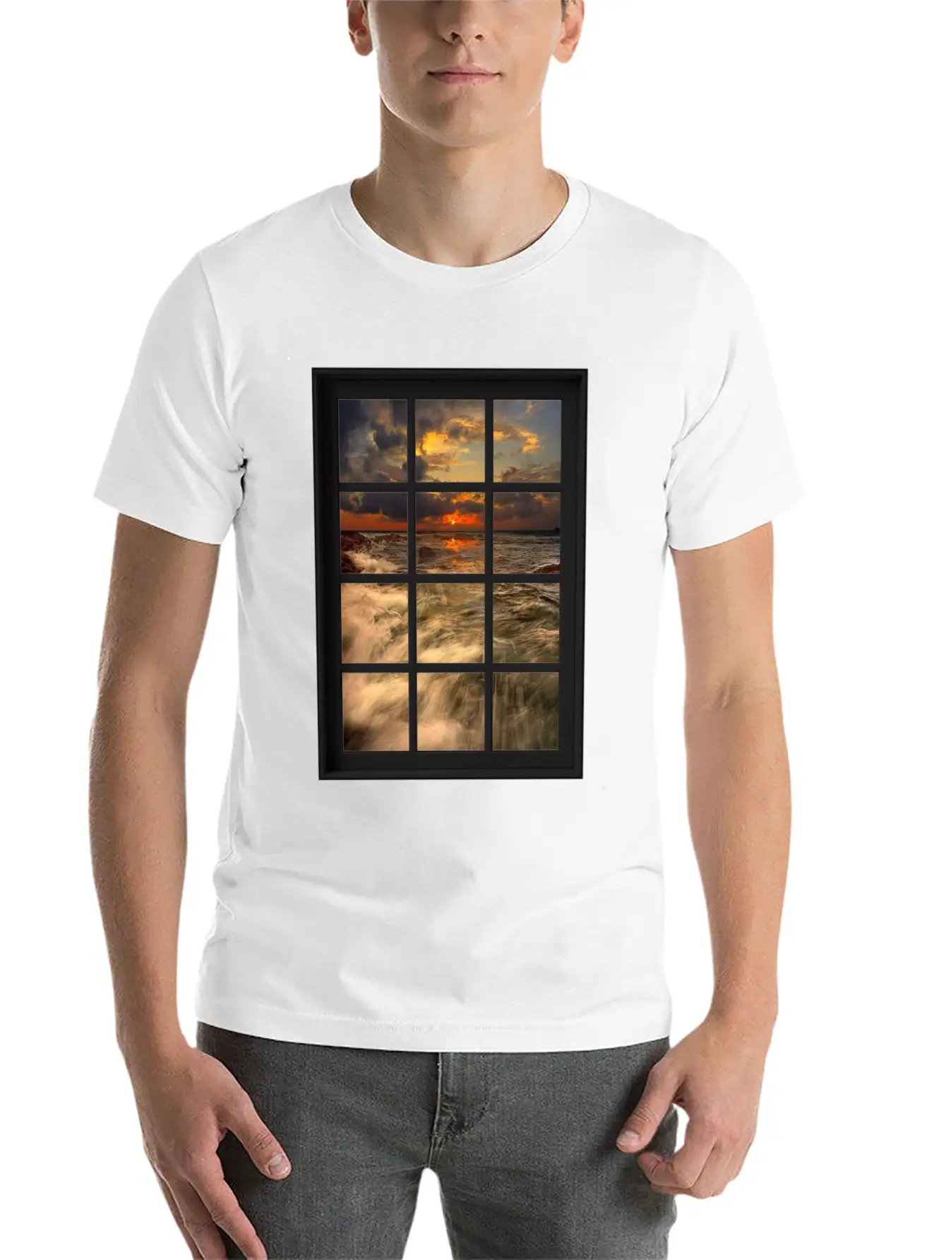 Ocean Breeze Mind At Ease Ocean Beach Window Print 19 Stylish Everyday T-Shirt – Unisex Basic Cotton Tee