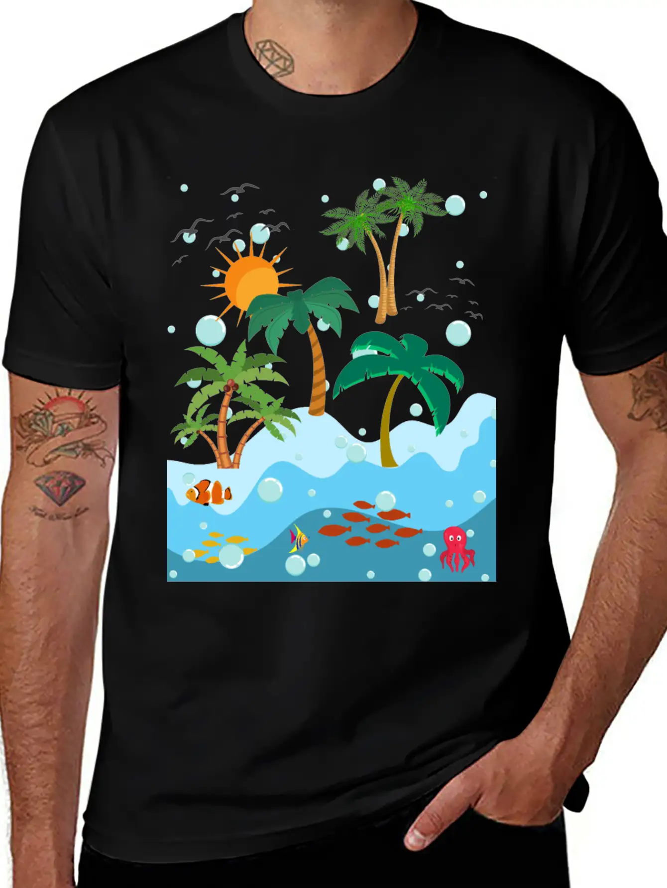 Ocean Fish And Palm Trees Essential Cotton Tee For Daily Outfits – Unisex Style