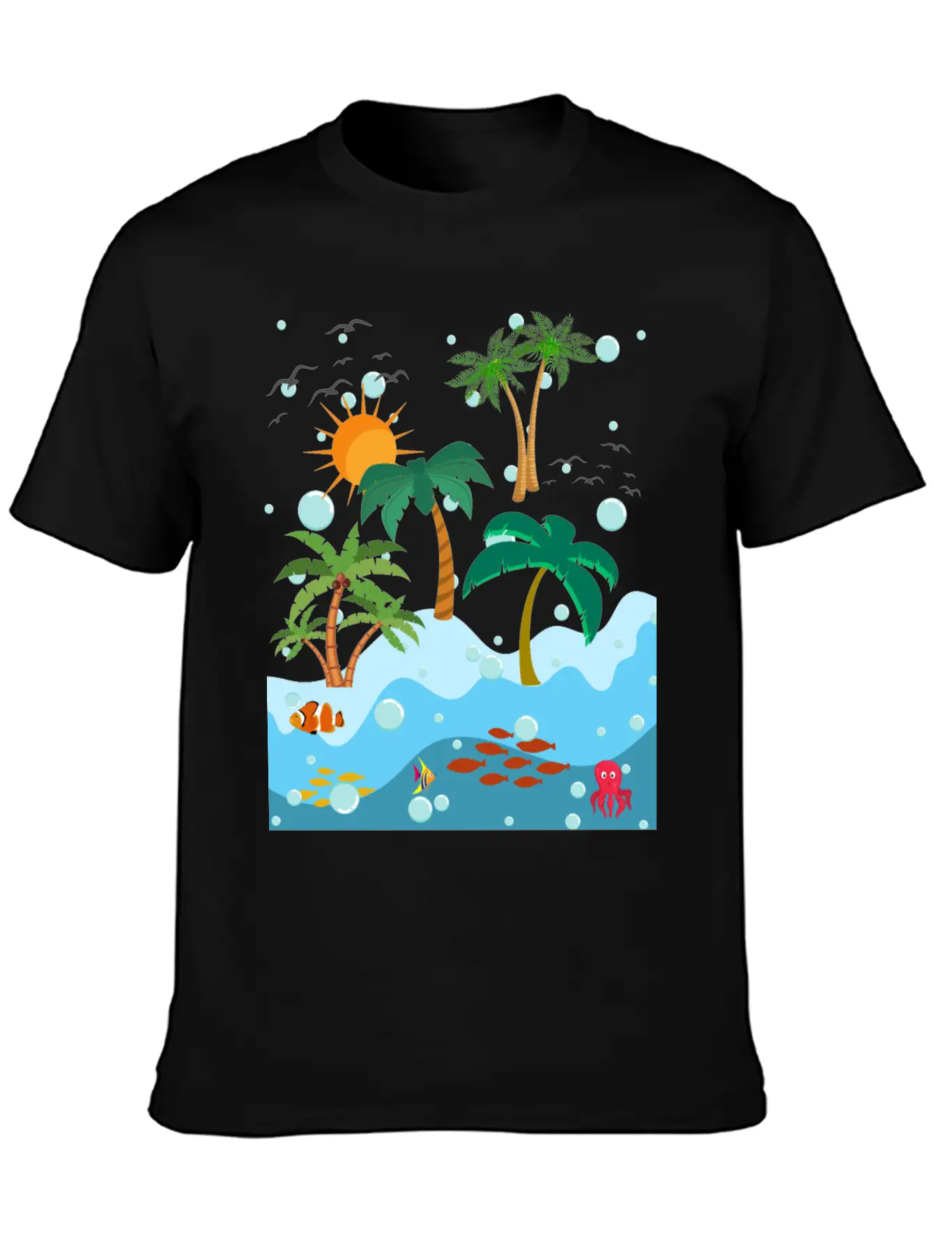 Ocean Fish And Palm Trees Essential Cotton Tee For Daily Outfits – Unisex Style