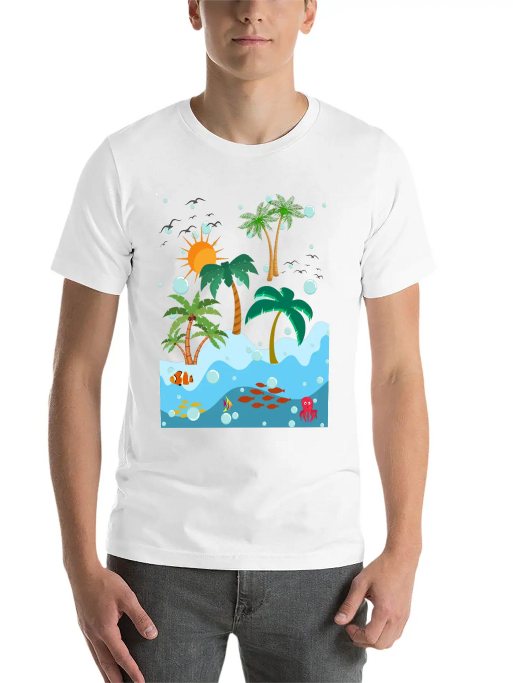 Ocean Fish And Palm Trees Essential Cotton Tee For Daily Outfits – Unisex Style