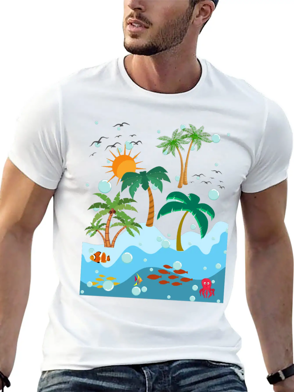 Ocean Fish And Palm Trees Essential Cotton Tee For Daily Outfits – Unisex Style
