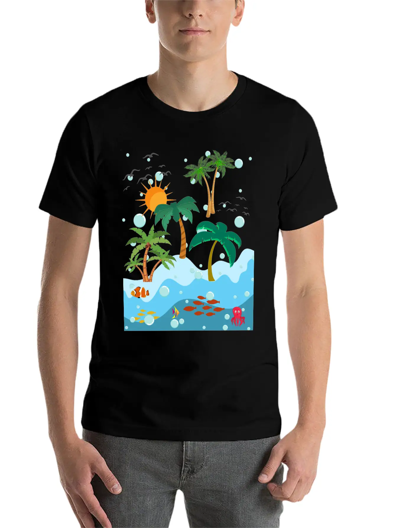 Ocean Fish And Palm Trees Essential Cotton Tee For Daily Outfits – Unisex Style