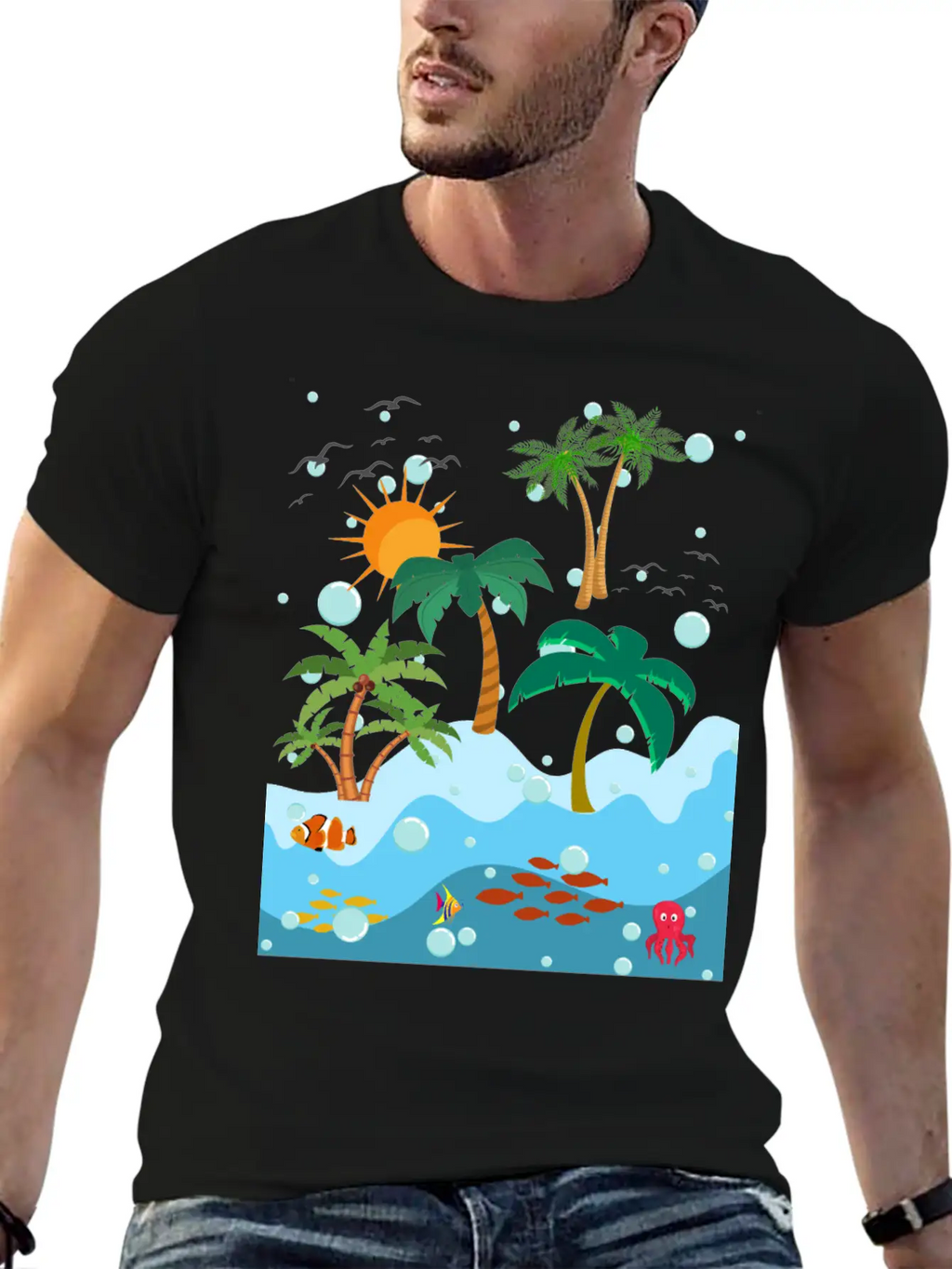 Ocean Fish And Palm Trees Essential Cotton Tee For Daily Outfits – Unisex Style