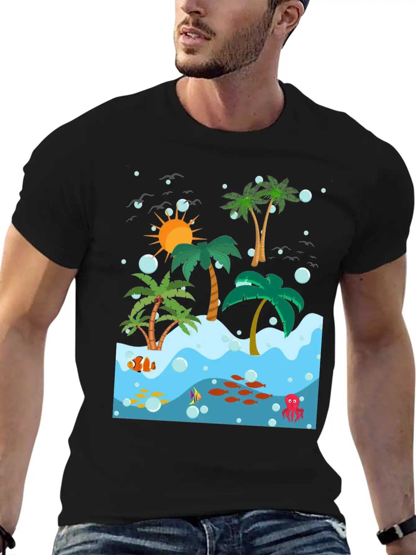 Ocean Fish And Palm Trees Essential Cotton Tee For Daily Outfits – Unisex Style