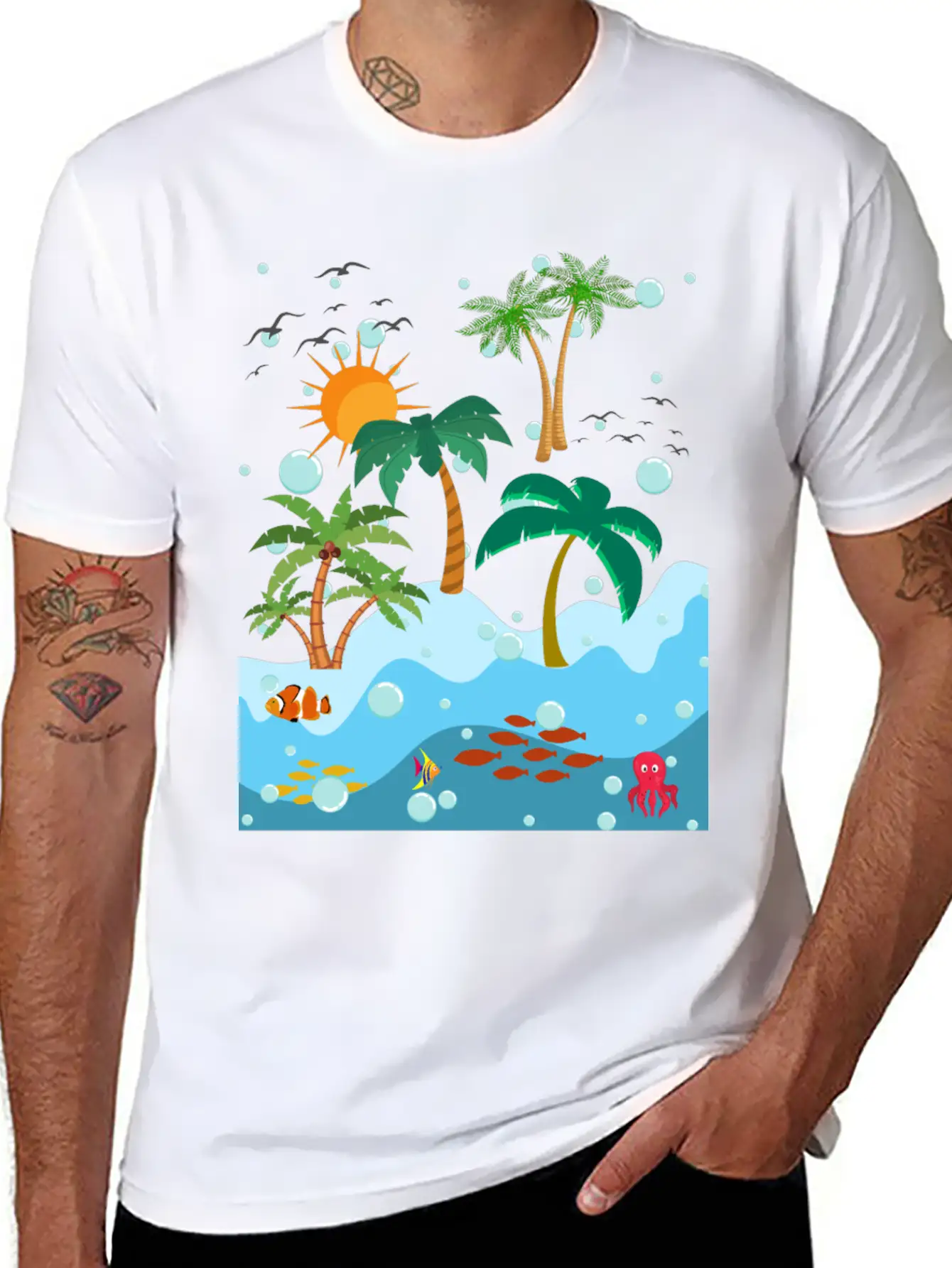 Ocean Fish And Palm Trees Essential Cotton Tee For Daily Outfits – Unisex Style