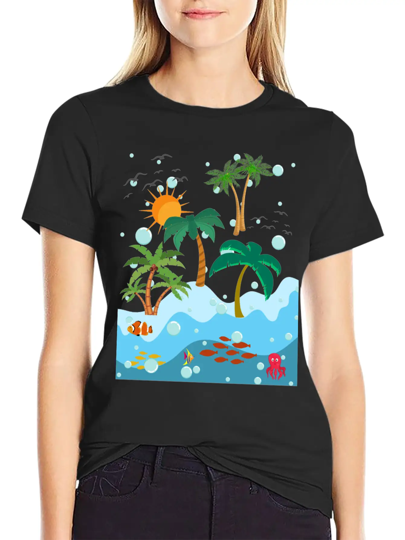 Ocean Fish And Palm Trees Essential Cotton Tee For Daily Outfits – Unisex Style