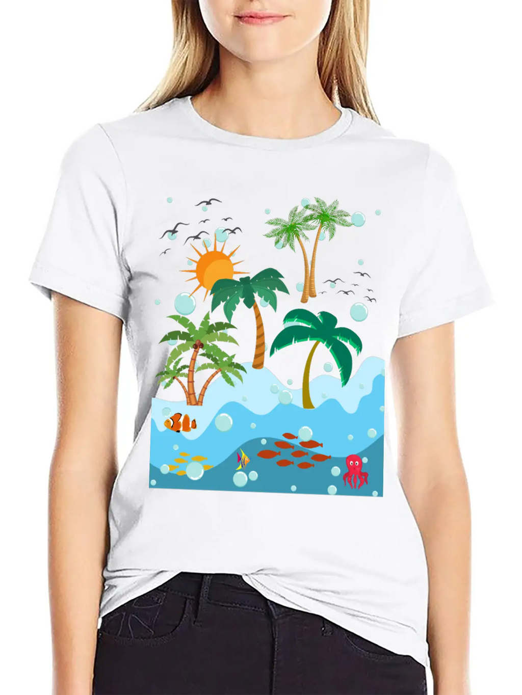 Ocean Fish And Palm Trees Essential Cotton Tee For Daily Outfits – Unisex Style