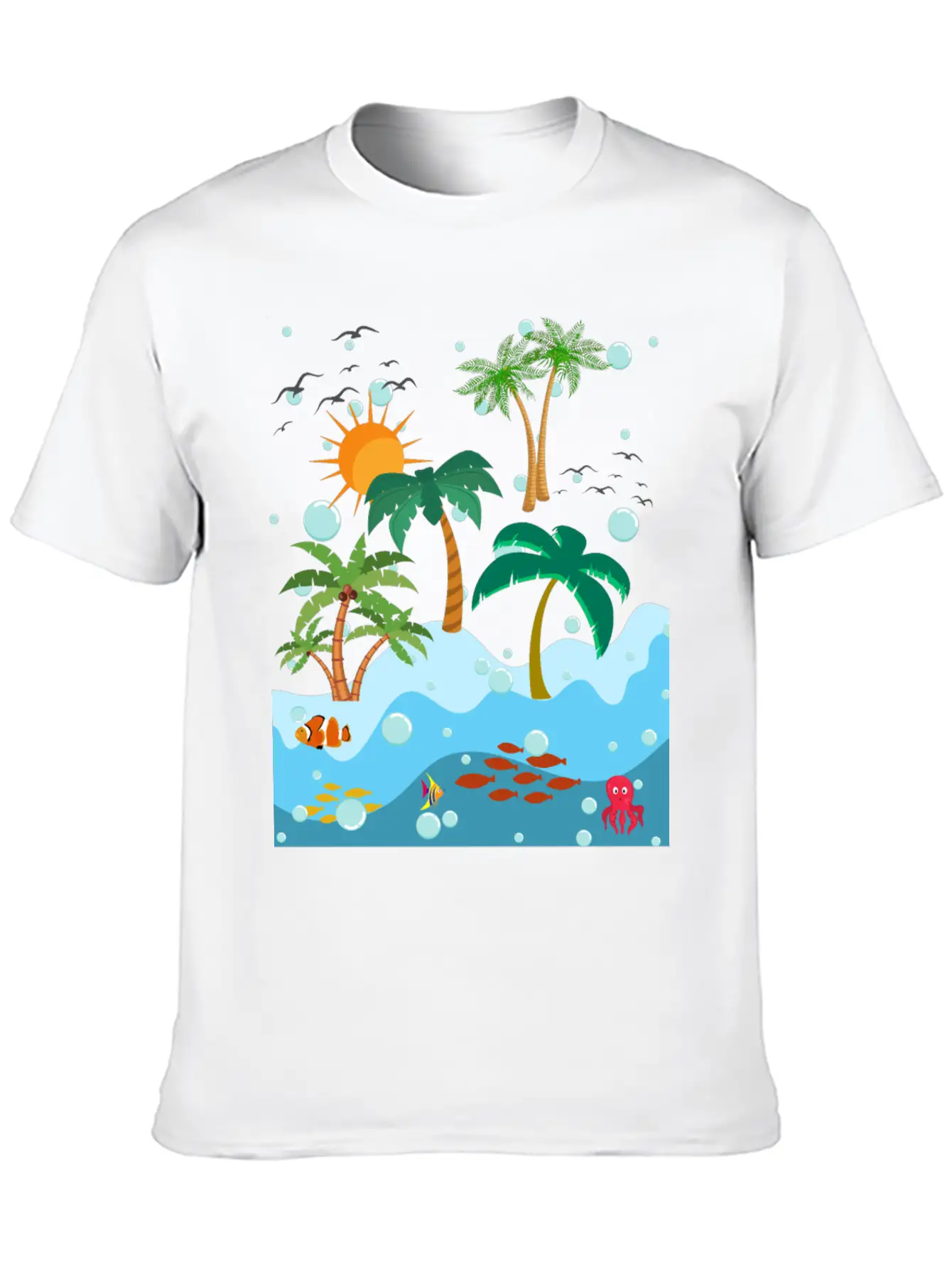 Ocean Fish And Palm Trees Essential Cotton Tee For Daily Outfits – Unisex Style