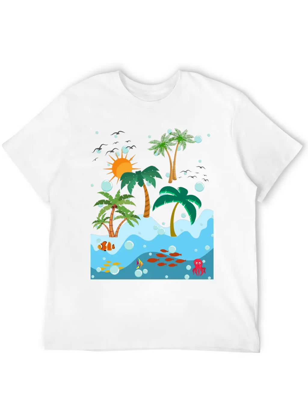 Ocean Fish And Palm Trees Essential Cotton Tee For Daily Outfits – Unisex Style