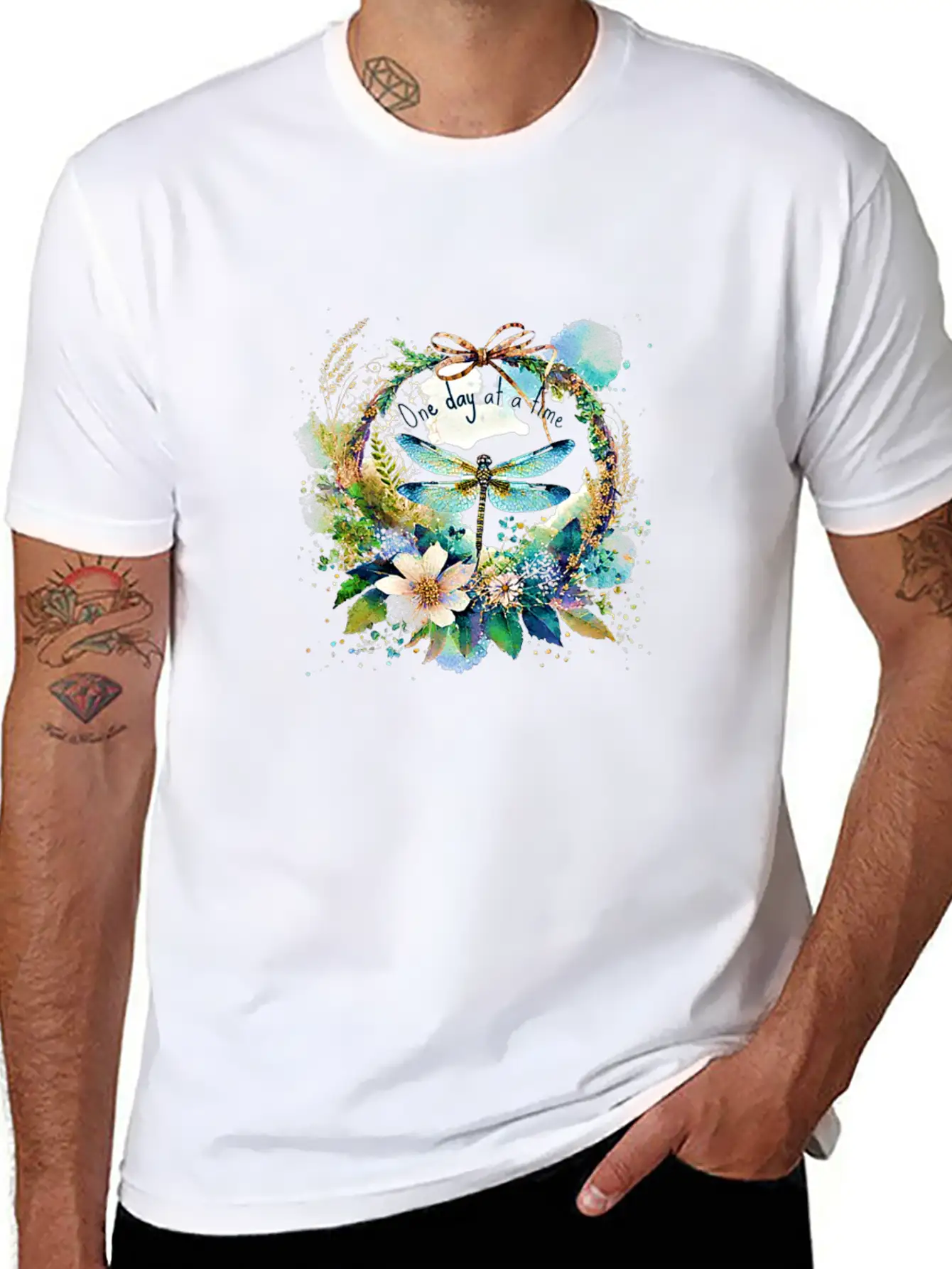 One Day At A Time Dragonfly Floral Casual Graphic T-Shirt – Simple And Comfortable Daily Wear