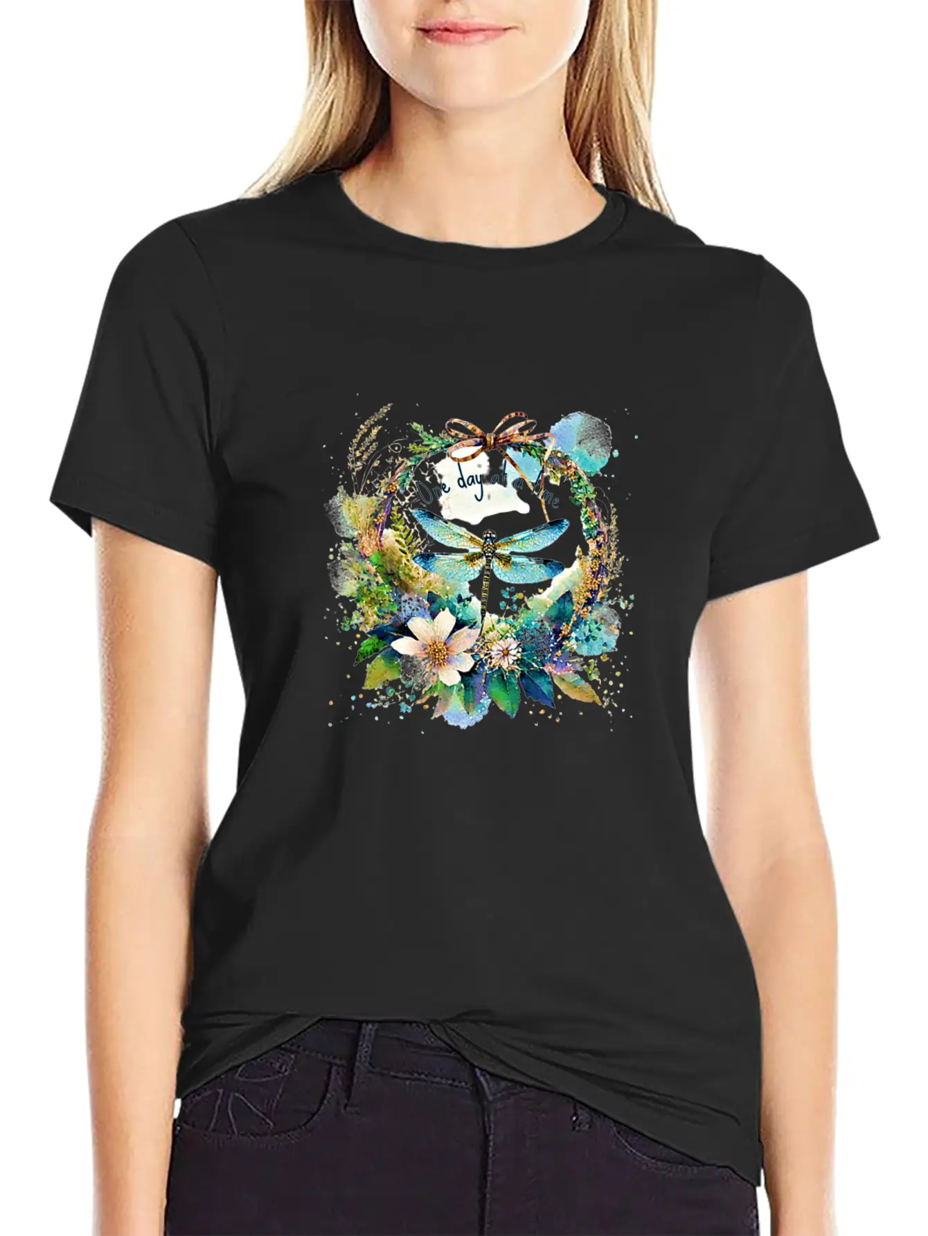 One Day At A Time Dragonfly Floral Casual Graphic T-Shirt – Simple And Comfortable Daily Wear